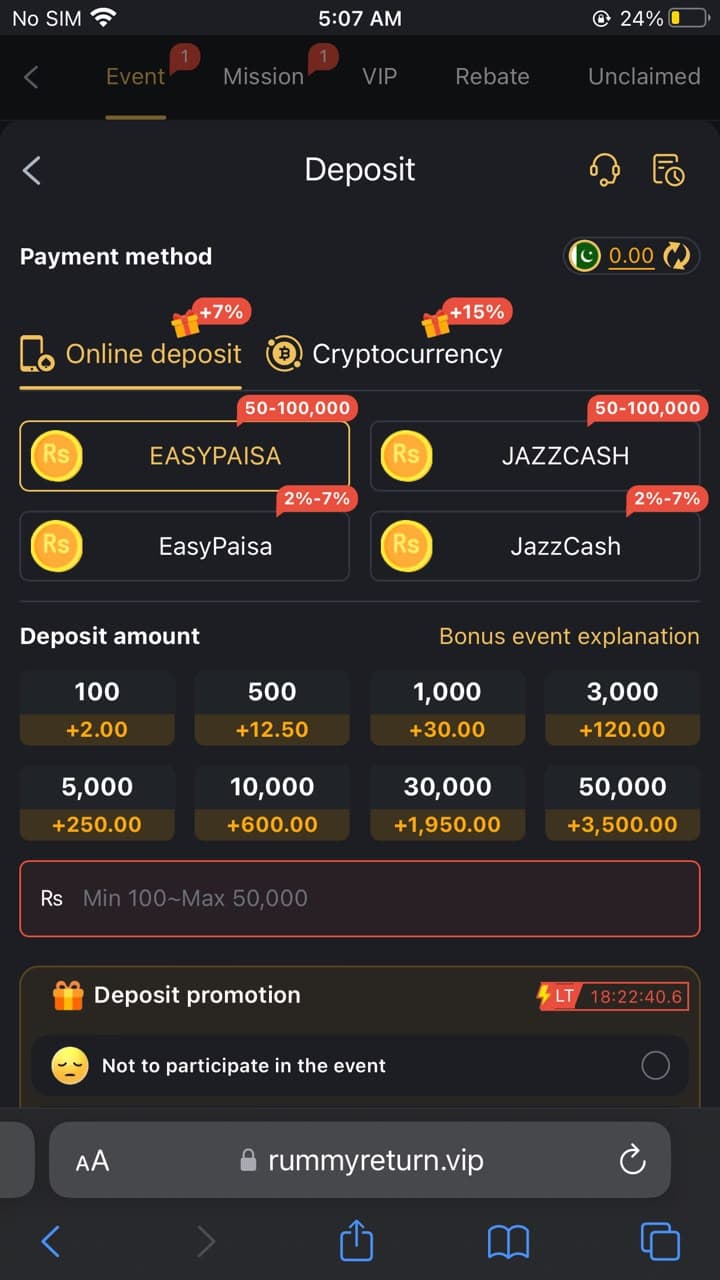 288 Win Game deposit page showing JazzCash and EasyPaisa payment options with deposit amounts from Rs 100 to Rs 50,000 and deposit bonuses