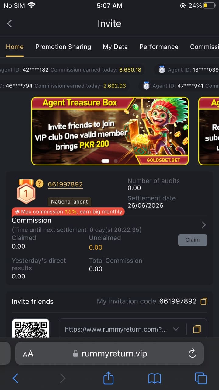 288 Win Game invite page showing agent commission system with max 1.5% commission rate, settlement date 26/06/2026, and Agent Treasure Box promotion offering PKR 200 per valid VIP club member invited
