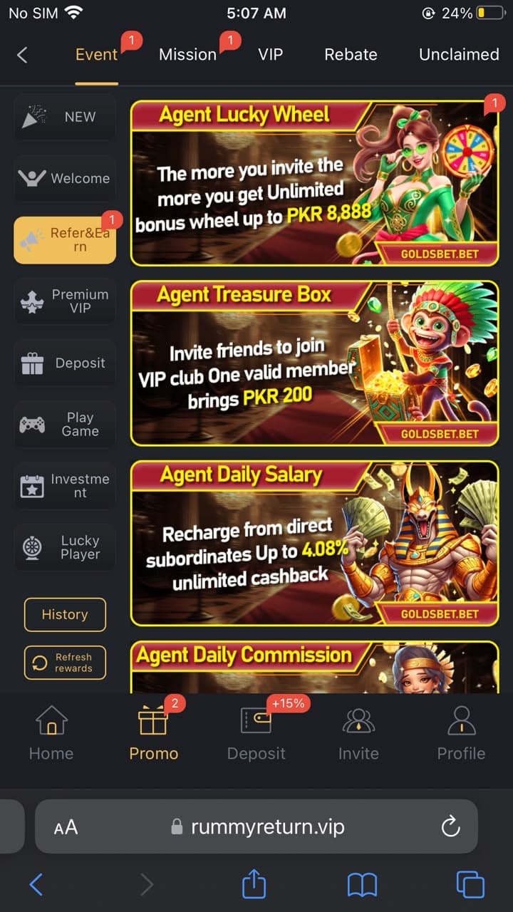 288 Win Game promotional events page showing Agent Lucky Wheel up to PKR 8,888, Agent Treasure Box with PKR 200 per referral, Agent Daily Salary with 4.08% cashback, and Agent Daily Commission sections
