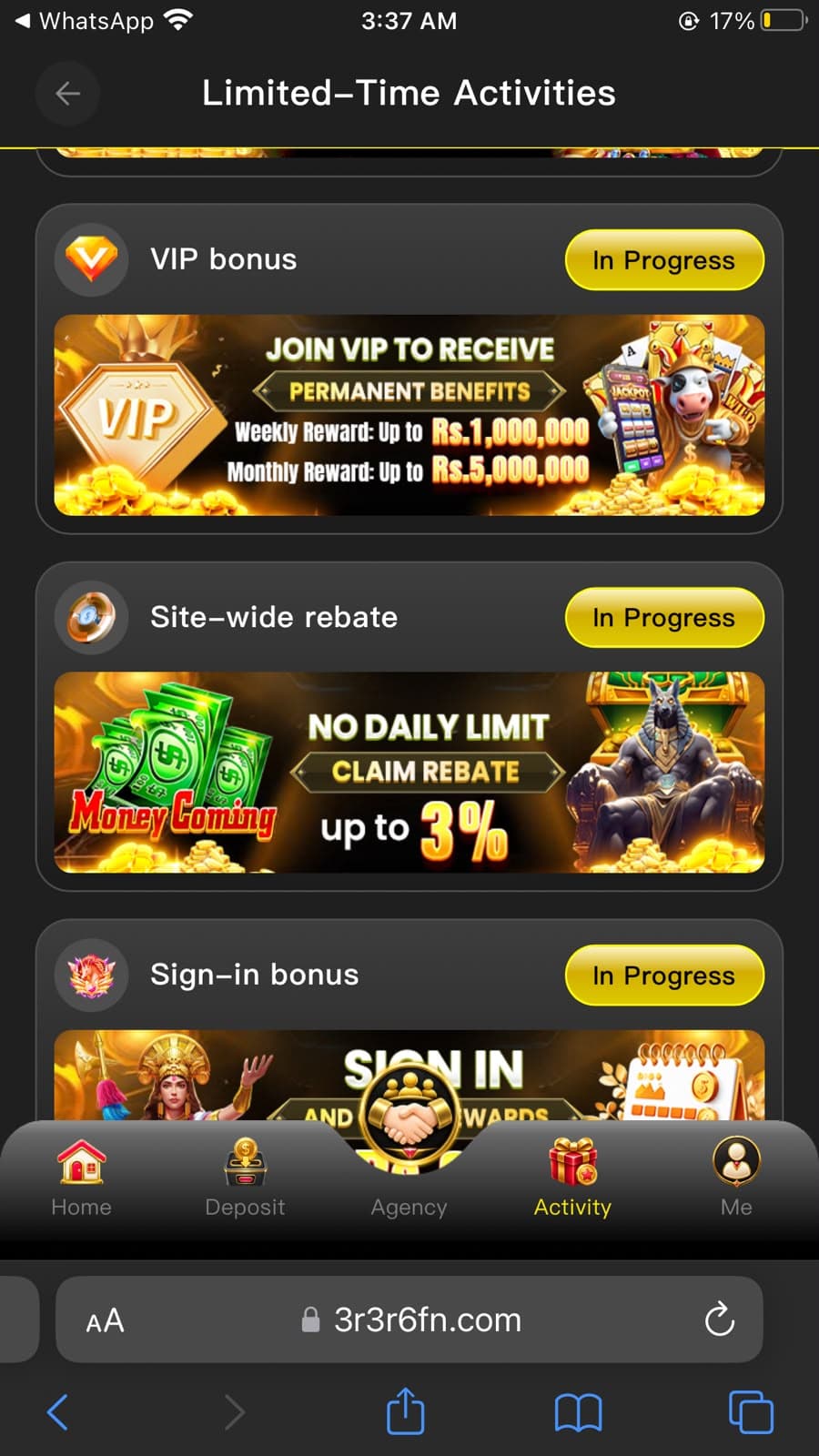 3RRR Game Limited-Time Activities page showing VIP bonus with Join VIP to Receive Permanent Benefits banner advertising weekly reward up to Rs 1,000,000 and monthly reward up to Rs 5,000,000 status In Progress, Site-wide rebate with No Daily Limit Claim Rebate up to 3% status In Progress, and Sign-in bonus section In Progress, with bottom navigation Home Deposit Agency Activity Me tabs