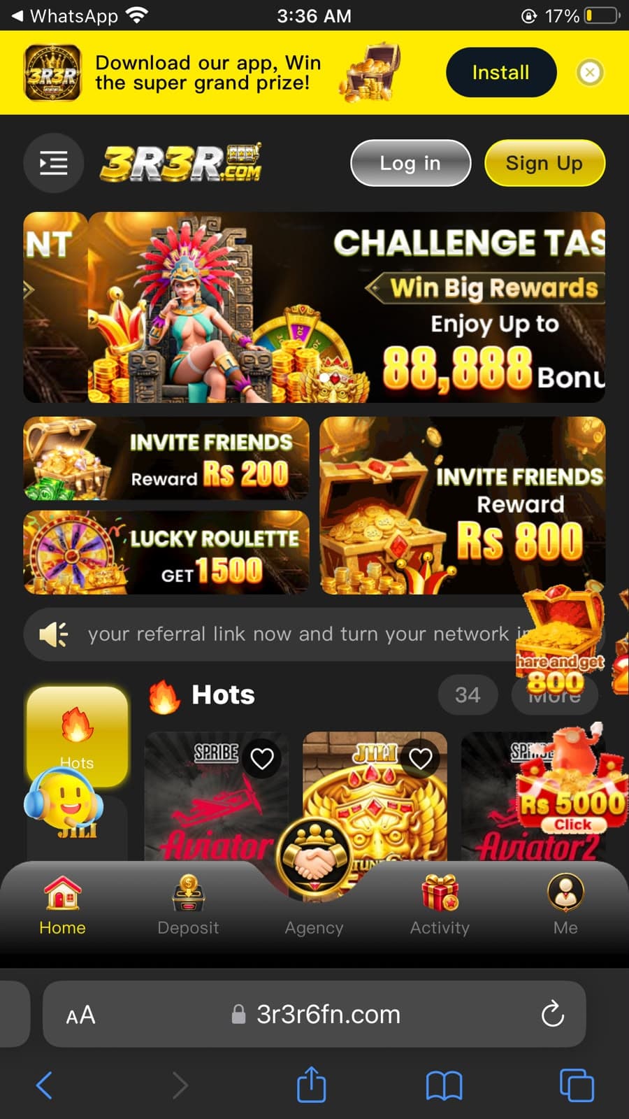 3RRR Game home screen showing 3R3R.COM logo with Log in and Sign Up buttons, Challenge Tasks banner offering Win Big Rewards up to 88,888 bonus, Invite Friends reward banners showing Rs 200 and Rs 800 referral rewards, Lucky Roulette 1500 reward, Hot Games section featuring Aviator by SPRIBE and JILI slot games, and bottom navigation bar with Home, Deposit, Agency, Activity and Me tabs