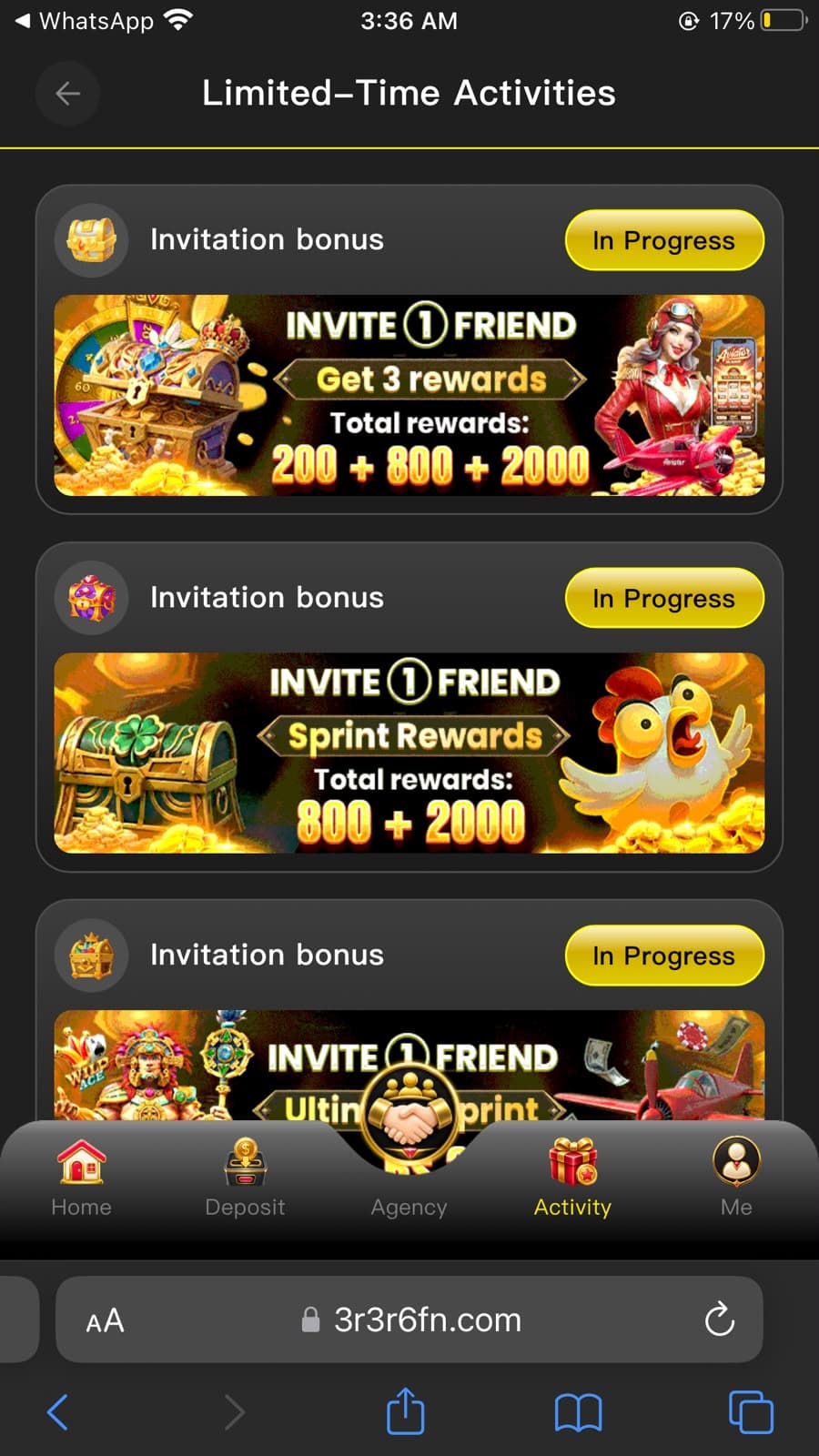 3RRR Game Limited-Time Activities invitation bonus section showing three active promotions: Invite 1 Friend Get 3 rewards Total rewards 200 plus 800 plus 2000 In Progress, Invite 1 Friend Sprint Rewards Total rewards 800 plus 2000 In Progress, and Invite 1 Friend Ultimate Sprint In Progress, with bottom navigation tabs