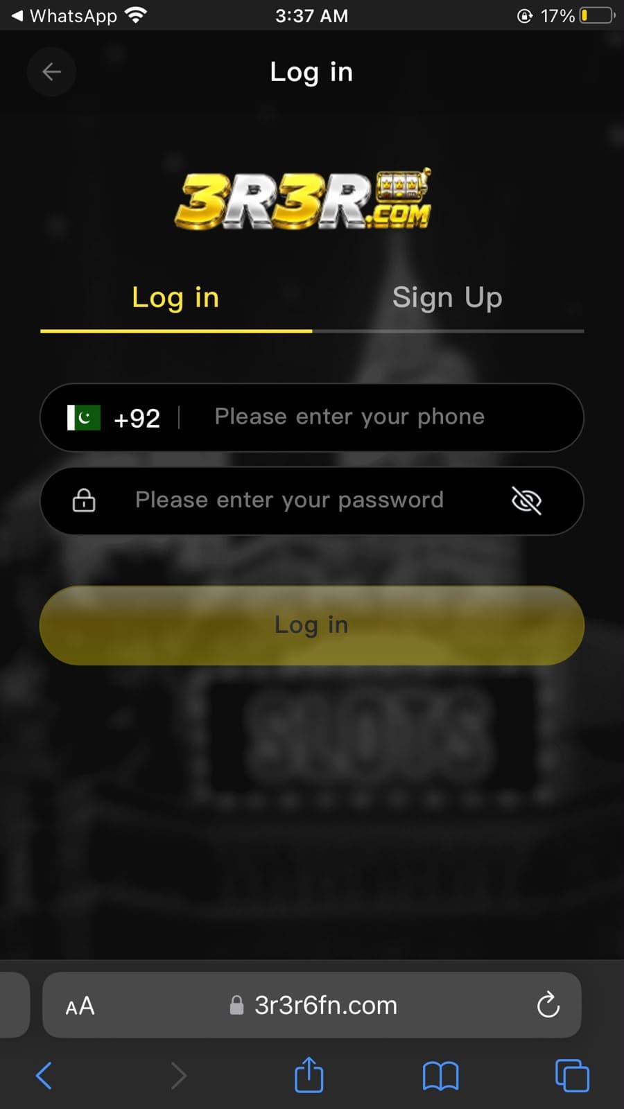 3RRR Game login screen showing 3R3R.COM gold and silver logo with slot machine graphic, Log in and Sign Up tabs with Log in active and underlined in yellow, Pakistani +92 phone number input field, password field with visibility toggle, and a gold Log in button on dark background at 3r3r6fn.com