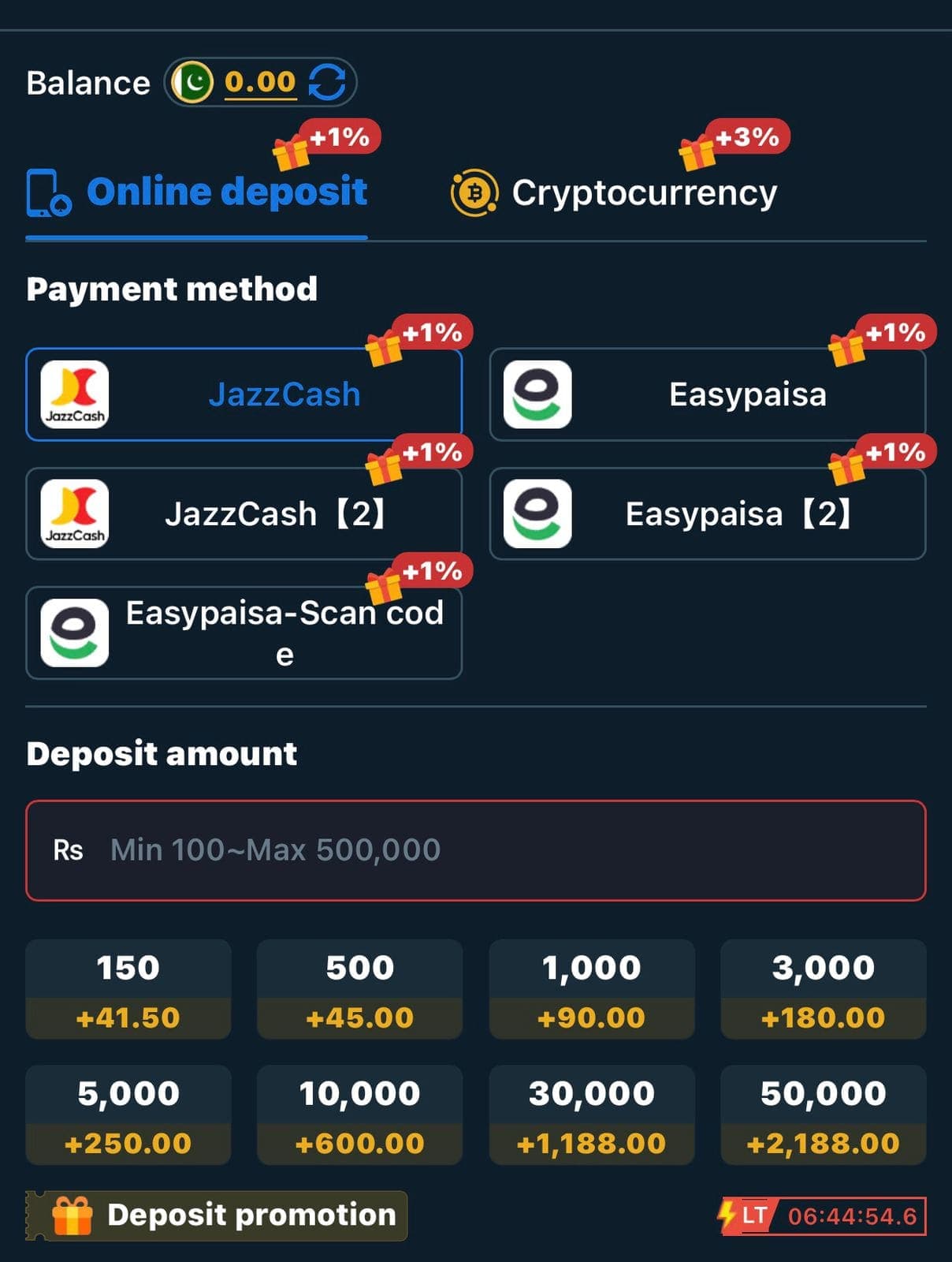 88D Game Deposit screen showing Online deposit and Cryptocurrency tabs, JazzCash, Easypaisa, a second JazzCash channel, a second Easypaisa channel and an Easypaisa scan code payment option each with a 1 percent bonus badge, a deposit amount field with a Min100 to Max500000 range, and preset deposit amounts from Rs150 to Rs50000 with attached bonus amounts