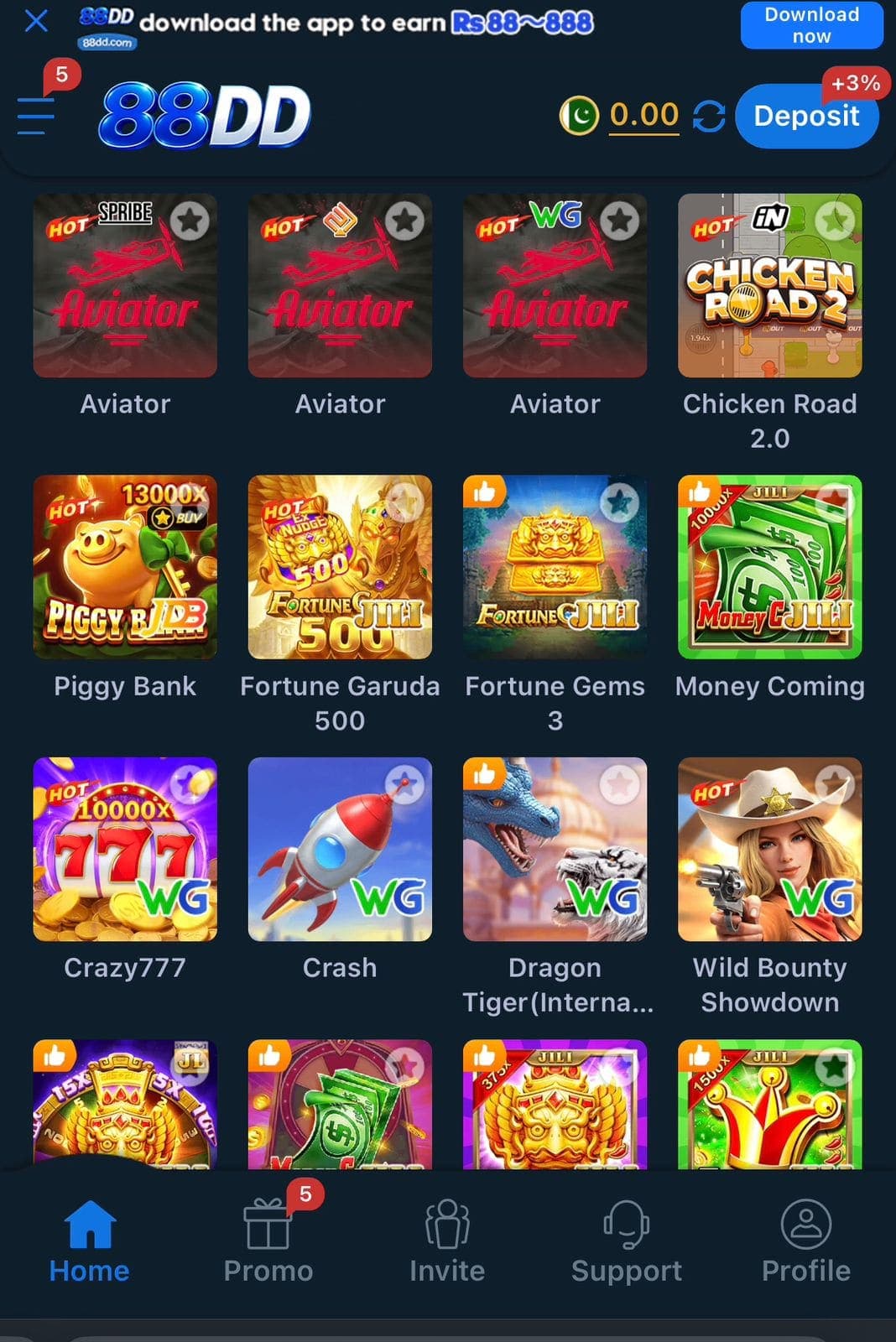 88D Game home screen showing a Hot row with three Aviator variants and Chicken Road 2.0, plus Piggy Bank 13000x, Fortune Garuda 500, Fortune Gems 3, Money Coming, Crazy777 10000x, Crash, Dragon Tiger and Wild Bounty Showdown tiles