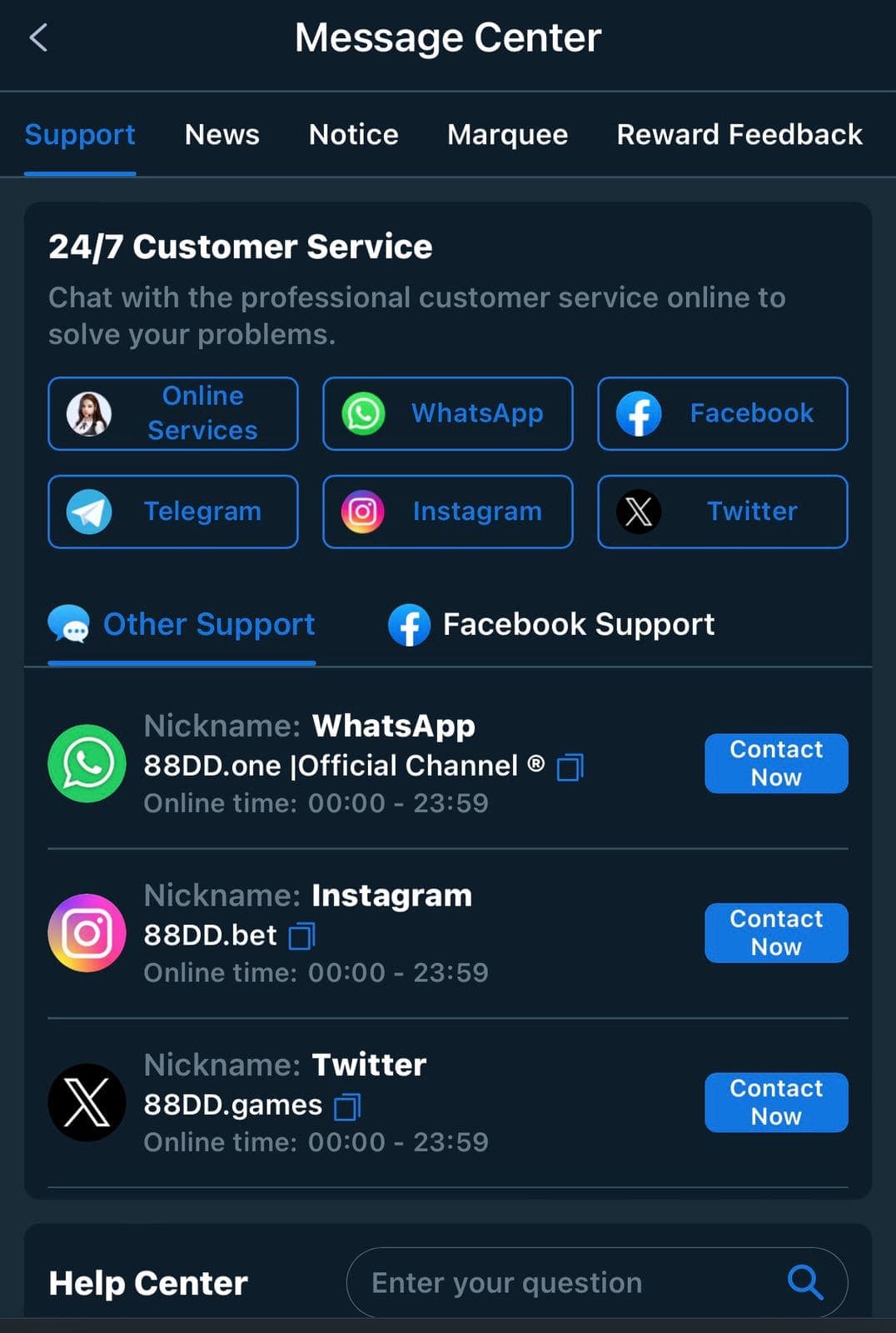 88D Game Message Center Support screen showing 24/7 Customer Service contact icons for Online Services, WhatsApp, Facebook, Telegram, Instagram and Twitter, plus a contact list naming the official WhatsApp channel as 88DD.one, Instagram as 88DD.bet and Twitter as 88DD.games