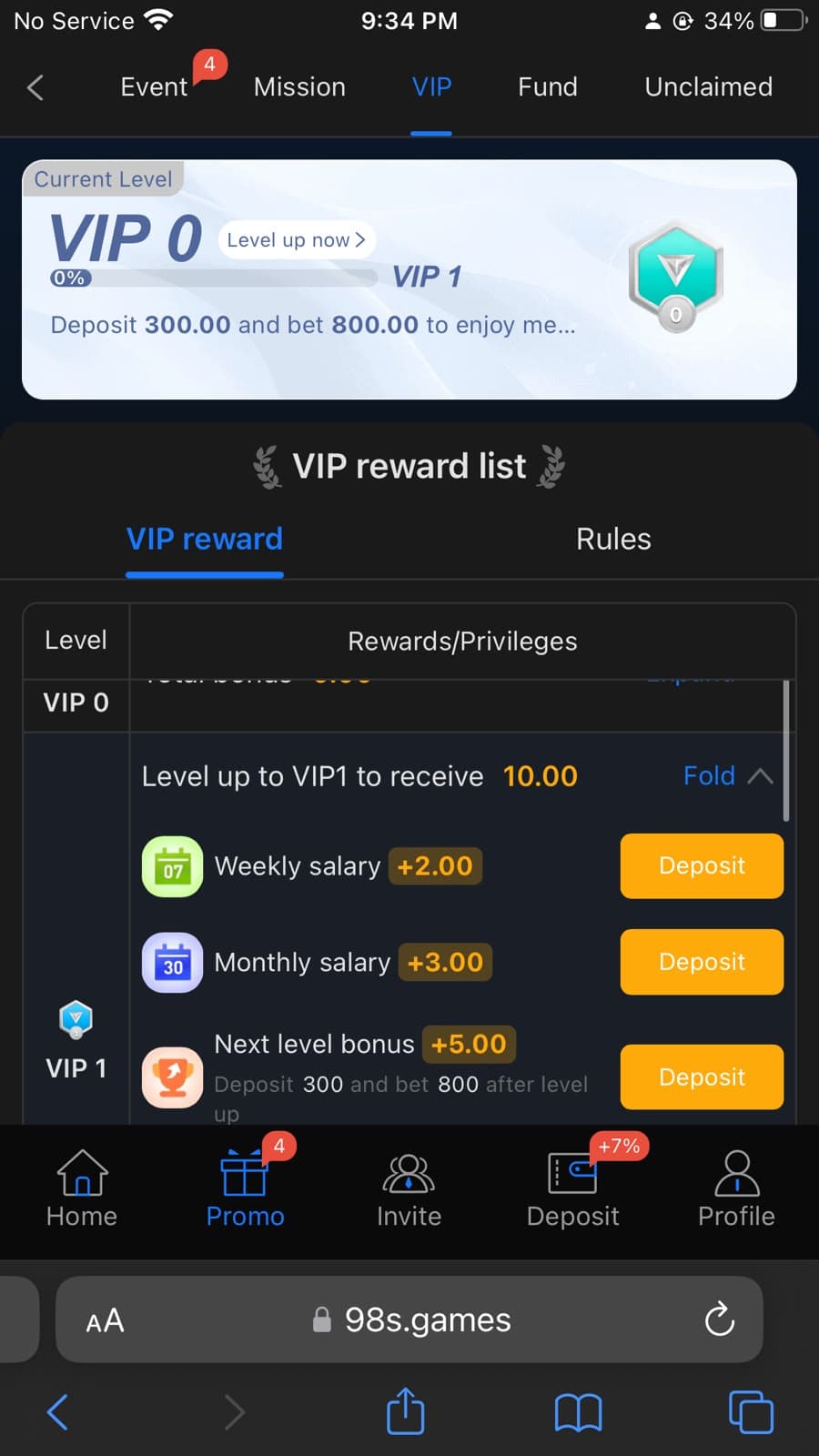 98S Game VIP tab showing Current Level VIP 0 with a level-up bar toward VIP 1, and a VIP reward list with weekly salary, monthly salary, and next level bonus rows each with a Deposit button
