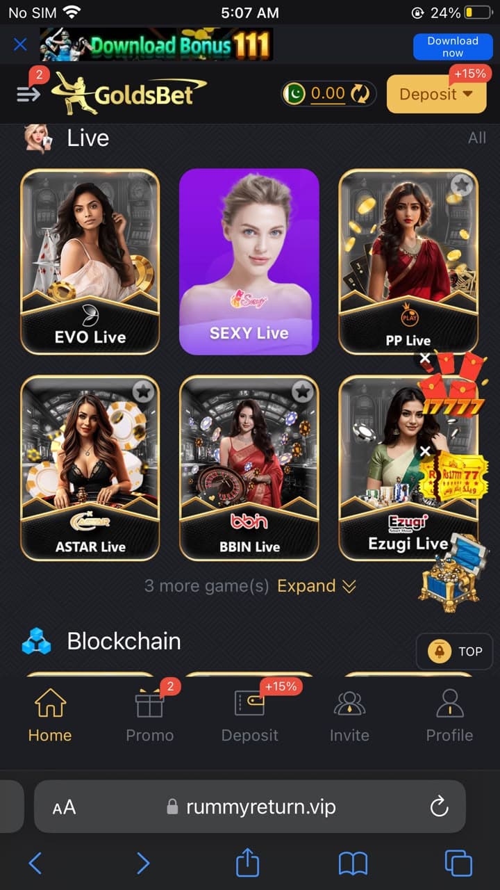 9Win Game home screen showing Live casino section with EVO Live, SEXY Live, PP Live, ASTAR Live, BBIN Live, and Ezugi Live game providers plus Blockchain section