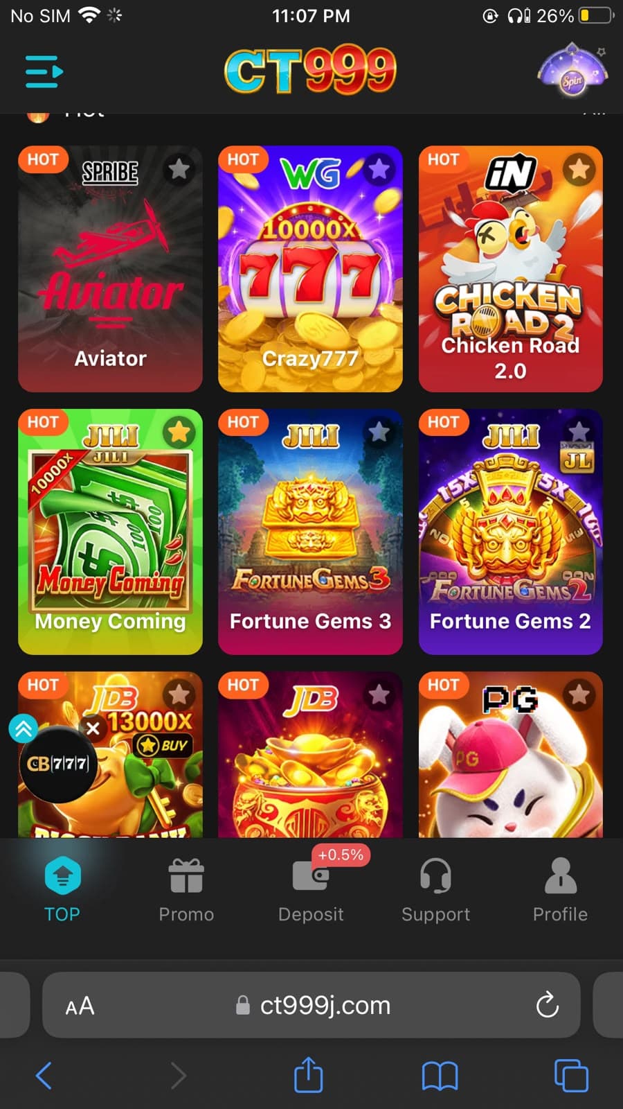 CT999 Game home screen showing HOT games including Aviator by SPRIBE, Crazy777, Chicken Road 2.0, Money Coming by JILI, Fortune Gems 3, and Fortune Gems 2