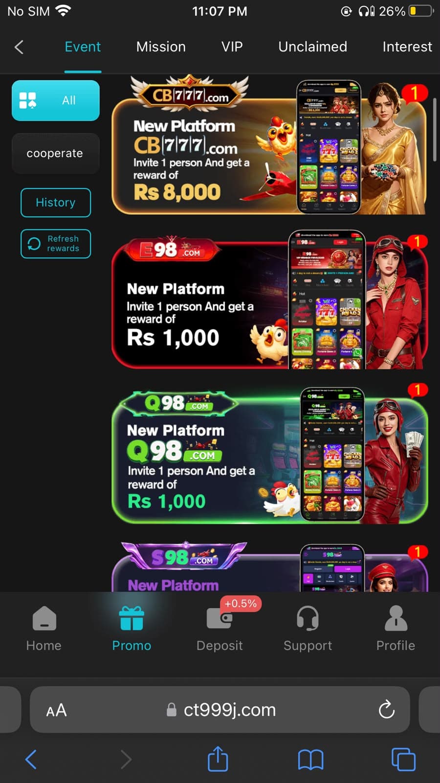 CT999 Game Promo section showing partner platform referral events including CB777.com with Rs 8,000 reward, 98.com with Rs 1,000, Q98.com with Rs 1,000, and S98.com events