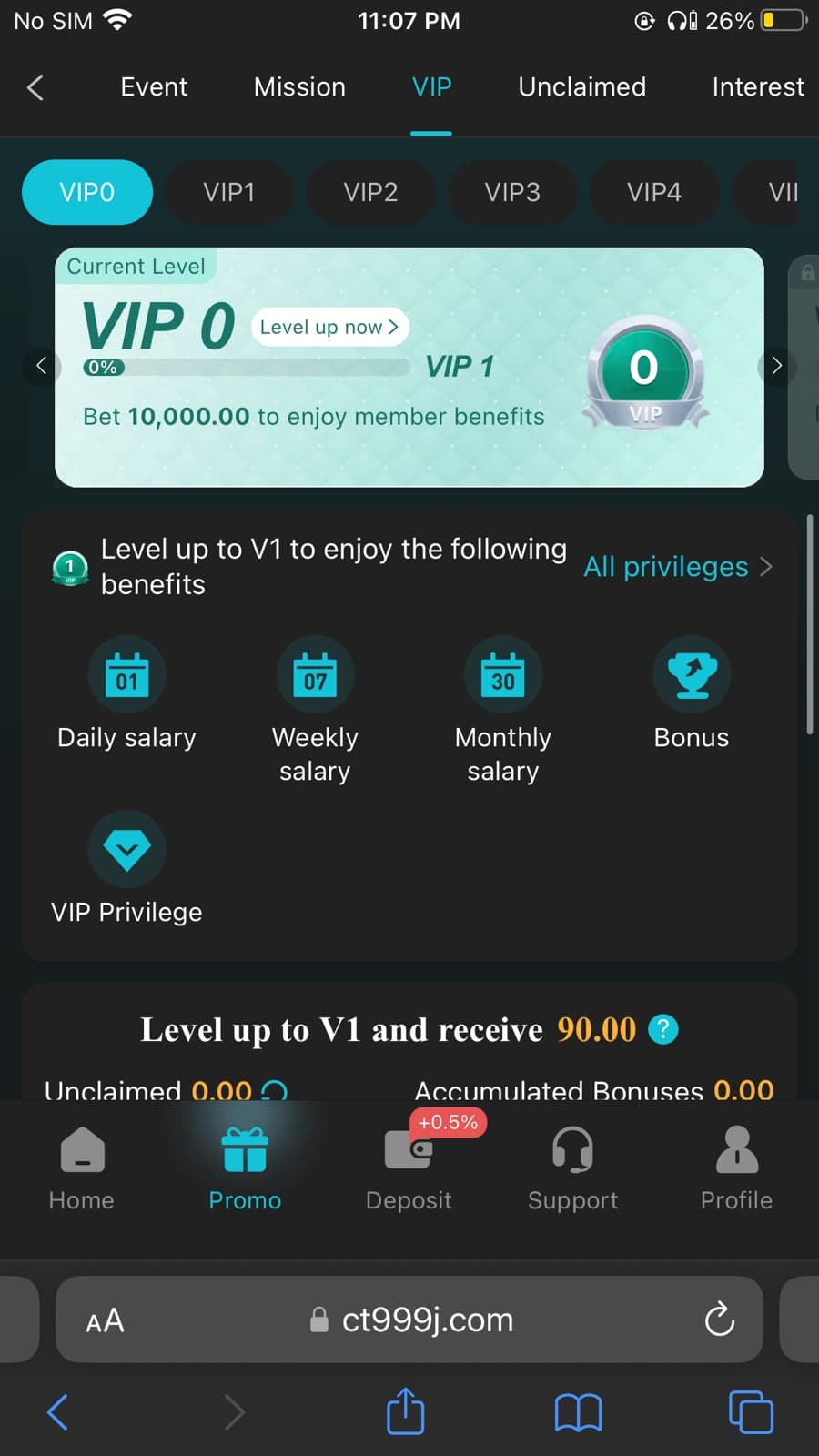 CT999 Game VIP program page showing VIP levels from VIP0 to VIP4+, with Daily salary, Weekly salary, Monthly salary, Bonus, and VIP Privilege benefits