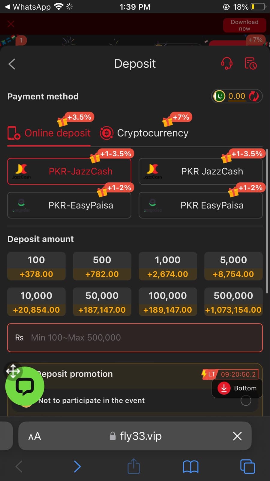 Fly3 Game deposit screen showing JazzCash, EasyPaisa, and cryptocurrency deposit options with minimum Rs 100
