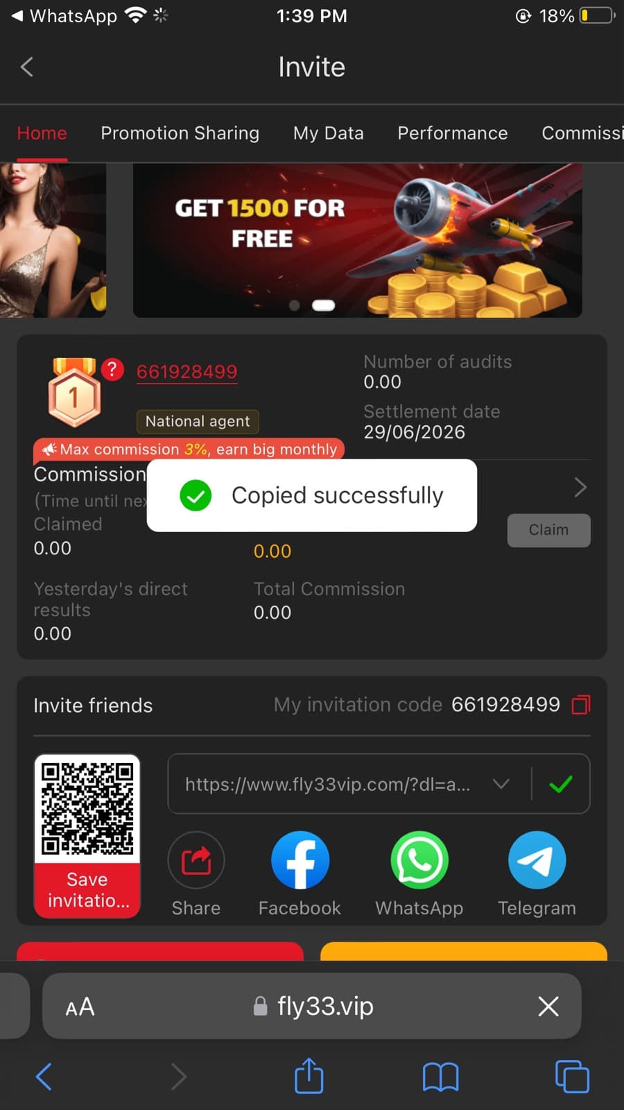 Fly3 Game referral invite screen showing 3% commission, personal QR code, and GET 1500 FOR FREE promotion