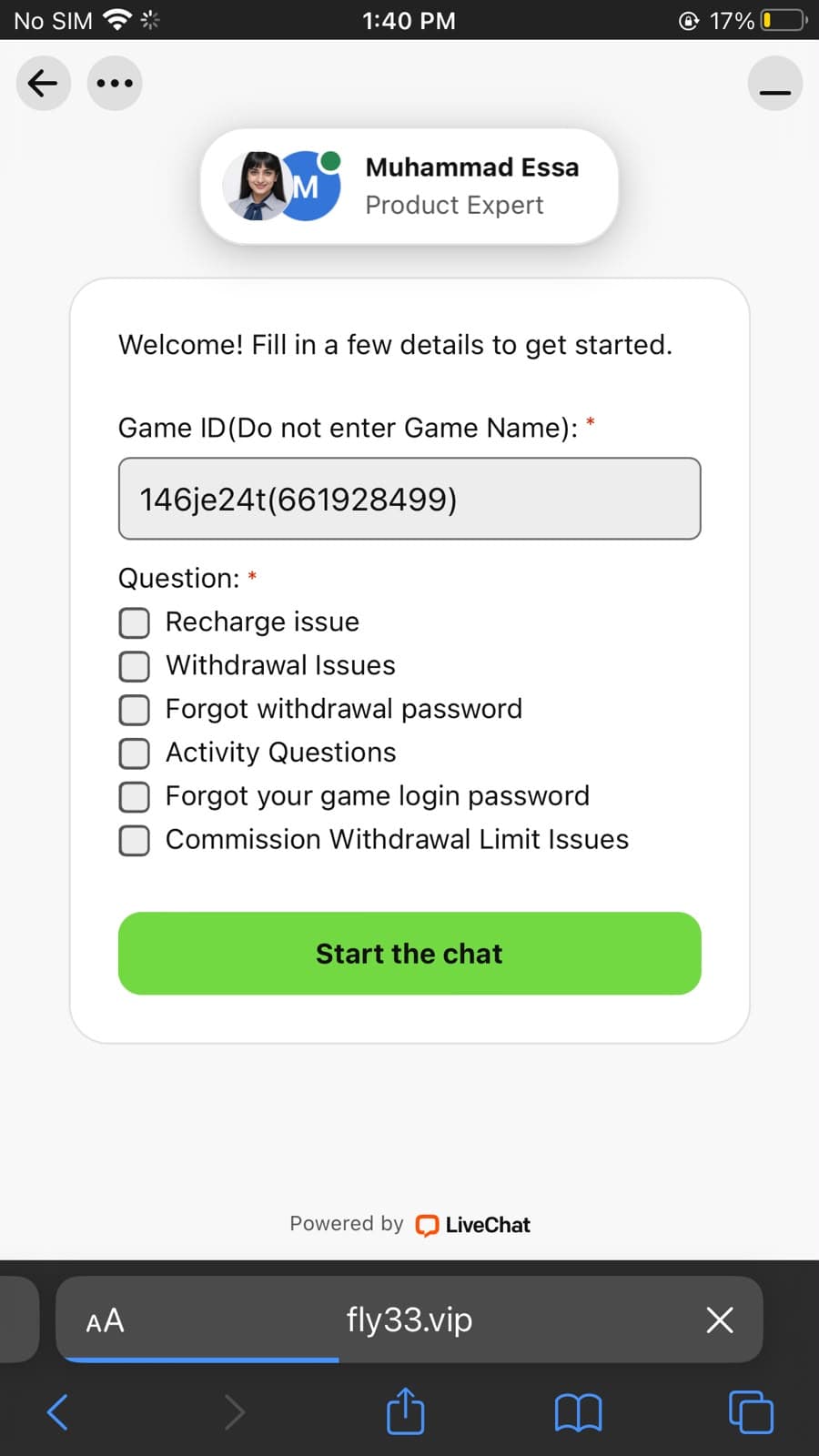 Fly3 Game live chat support screen with structured help form and named product expert agent