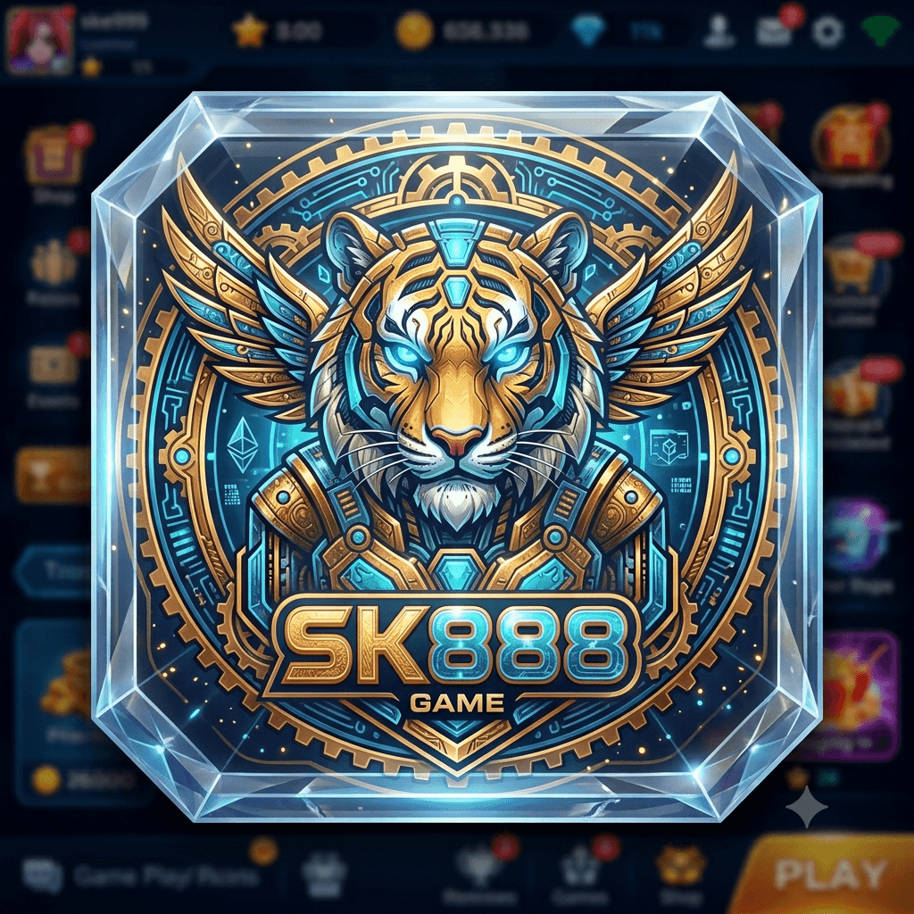 SK888 Game logo — crystal-framed mechanical tiger with gold and cyan armor