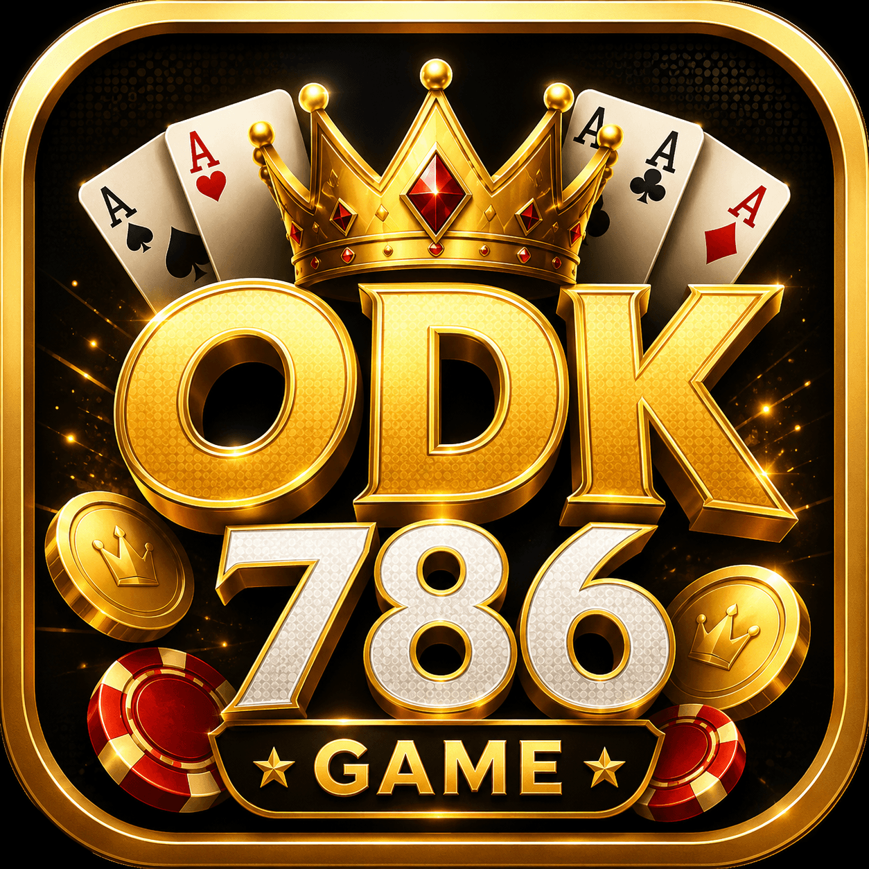 ODK786 Game logo — gold crown with playing cards and poker chips on black background