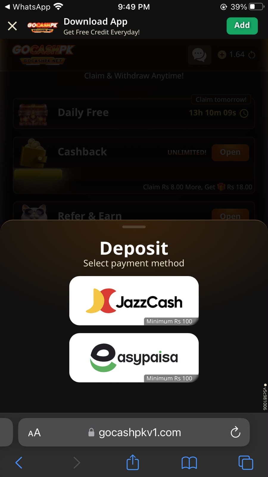 GoCashPK Deposit screen showing Select Payment Method heading with JazzCash option (Minimum Rs 100) and EasyPaisa option (Minimum Rs 100), visible on gocashpkv1.com