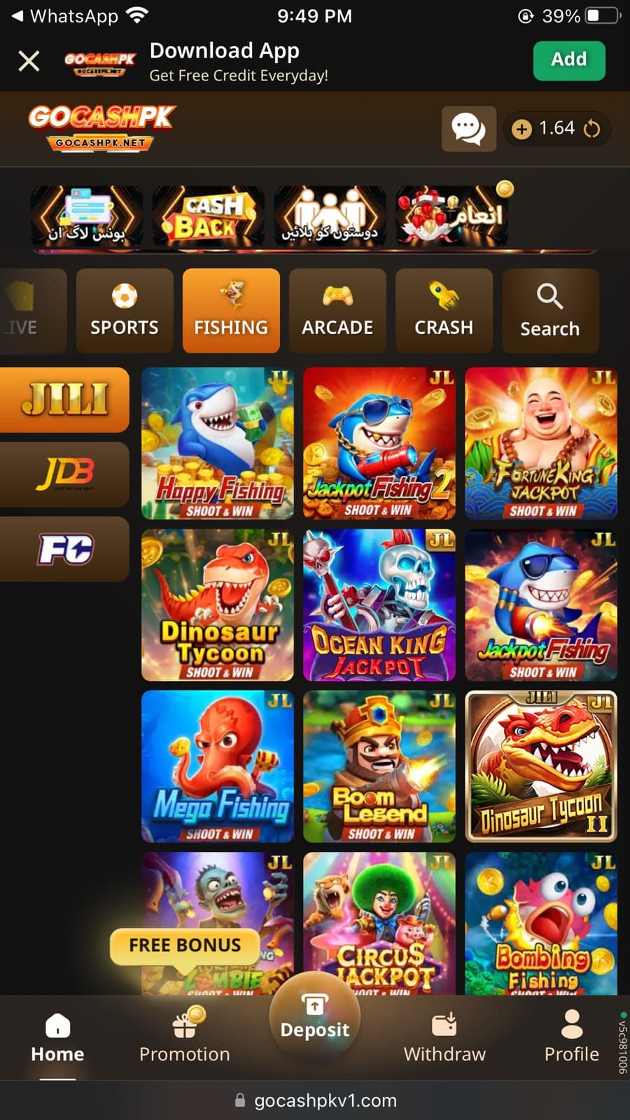 GoCashPK home screen showing GOCASHPK header with Claim and Withdraw Anytime tagline, banner ads for CashBack and Refer & Earn promotions, category tabs including LIVE, SPORTS, FISHING, ARCADE, CRASH and Search, JILI and JDB game provider logos, and fishing games including Happy Fishing, Jackpot Fishing 2, Fortune King Jackpot, Dinosaur Tycoon, Ocean King Jackpot, Mega Fishing, Boom Legend, Bombing Fishing, and Circus Jackpot