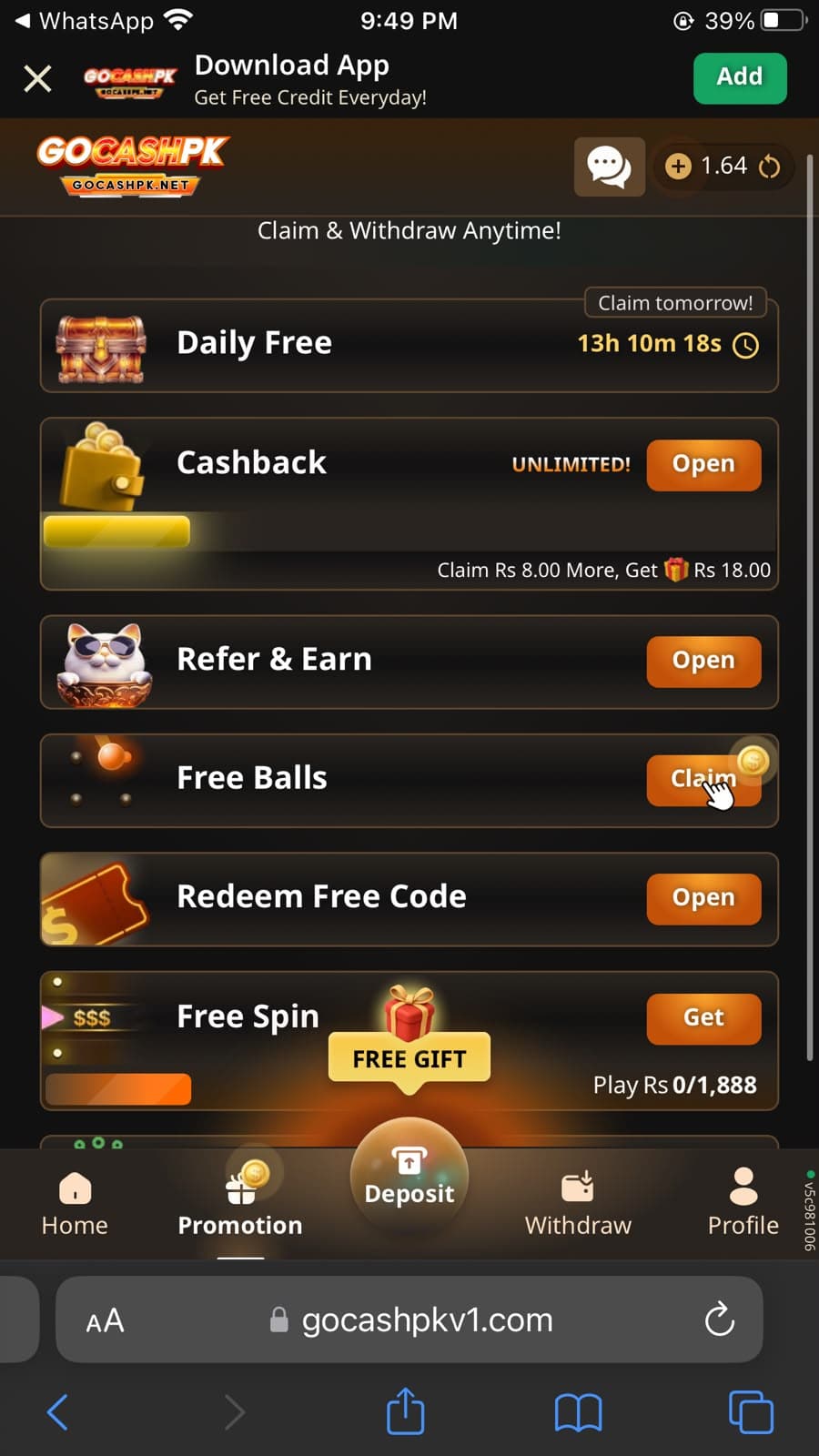 GoCashPK Promotion tab showing Daily Free reward with 13h 10m 09s countdown timer and Claim tomorrow label, Cashback promotion marked UNLIMITED with progress bar showing Claim Rs 8.00 More Get Rs 18.00, Refer and Earn section with Open button, Free Balls with Claim button, Redeem Free Code section, and Free Spin reward showing Play Rs 0 of 1888 progress with FREE GIFT label, bottom navigation showing Home, Promotion, Deposit, Withdraw, Profile