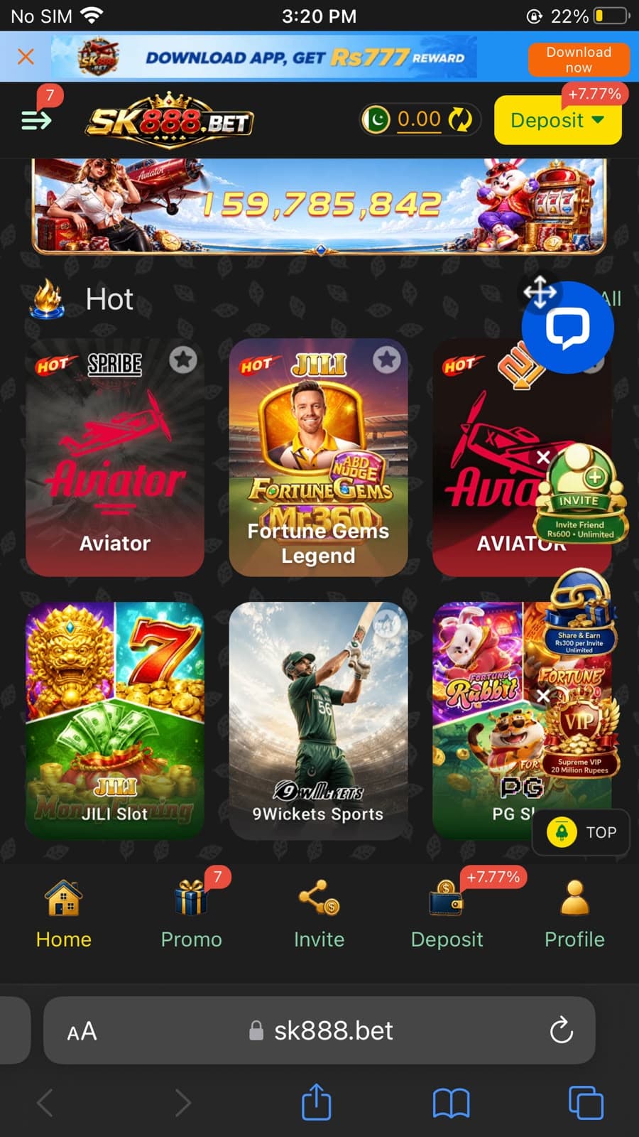 SK888 Game home screen showing SK888 BET logo, Rs777 download reward banner, +7.77% deposit button, Aviator crash game, Fortune Gems Legend, 9Wickets Sports, and Rs300 per invite popup