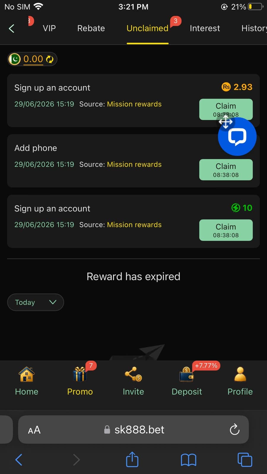 SK888 Game Promo section showing Unclaimed rewards tab with Sign up account Rs 2.93 mission reward, Add phone mission, and 10 energy bonus from Mission rewards system, with Deposit button showing +7.77% in bottom navigation