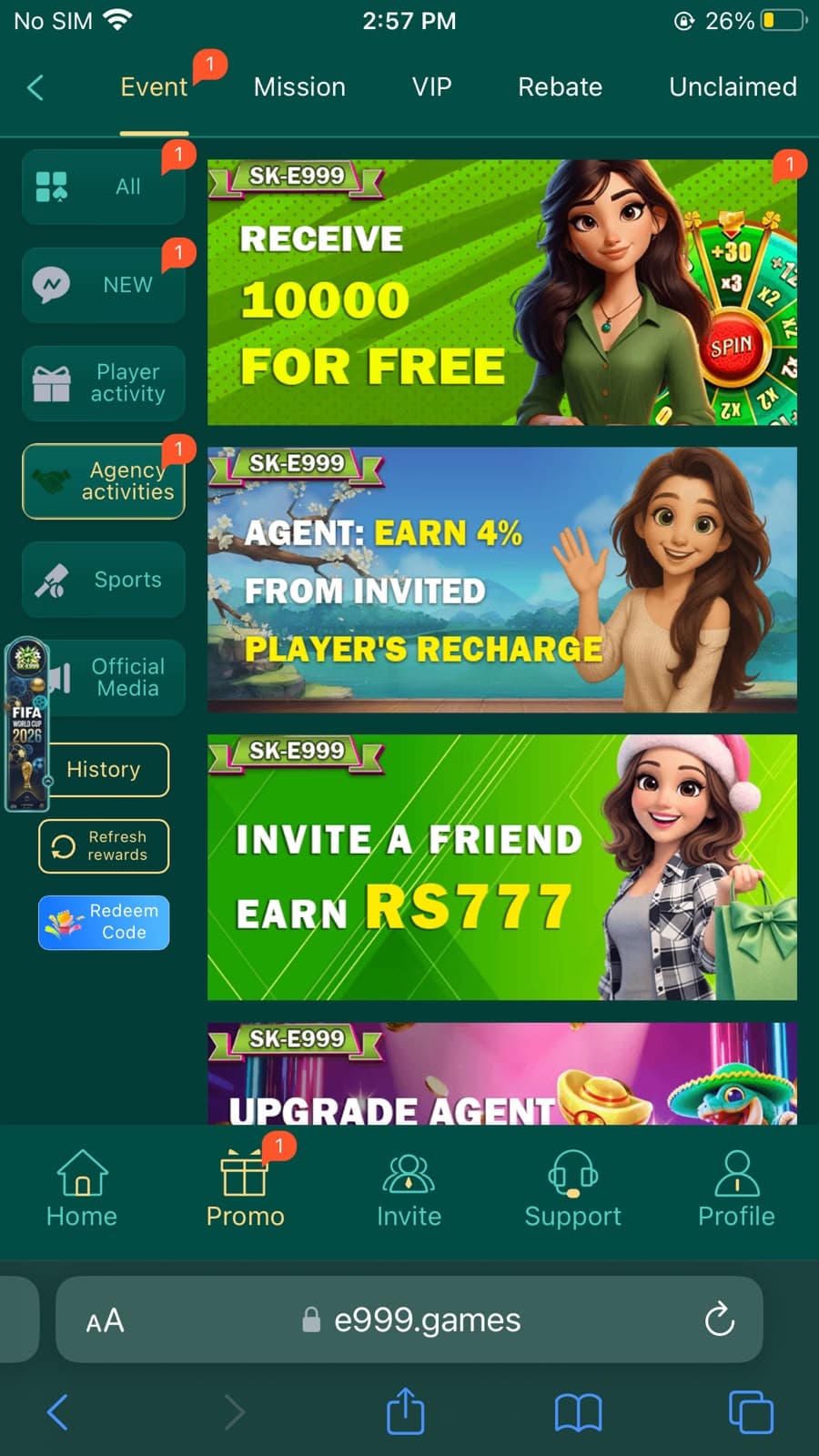 SKE999 Game agency promotions showing 4% commission on invited player recharge, Invite a Friend Earn Rs 777, Rs 10000 for free welcome bonus, and Upgrade Agent option