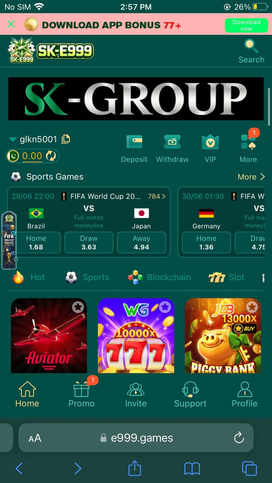 SKE999 Game home screen showing SK-E999 logo, live FIFA World Cup betting odds, Aviator crash game, and JDB Piggy Bank slots