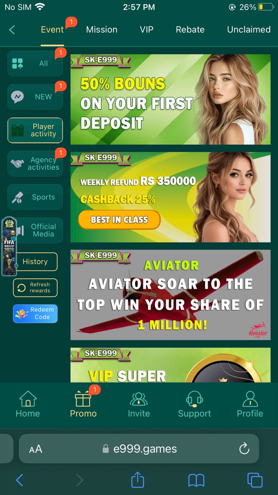 SKE999 Game promotions screen showing 50% first deposit bonus, Rs 350,000 weekly cashback, Aviator 1 million tournament, and VIP promotion banners