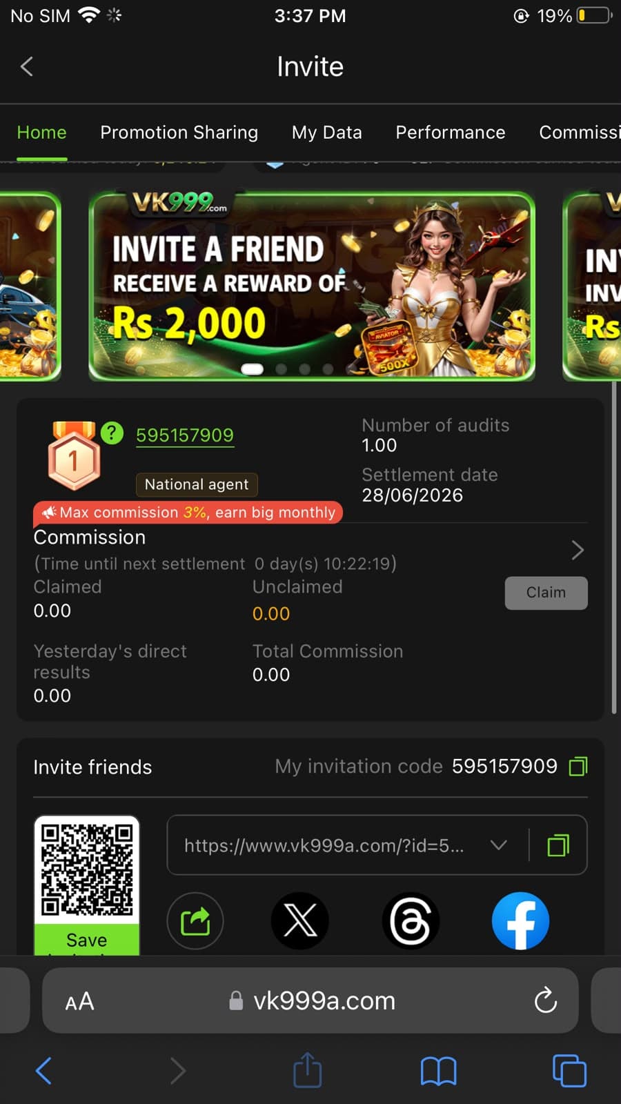 VK999 Invite section showing Home, Promotion Sharing, My Data, Performance, and Commission tabs, banner showing VK999.com Invite a Friend Receive a Reward of Rs 2000 with gold coin imagery, account ID 595157909 labeled National agent with question mark, Max commission 3 percent earn big monthly badge in green, Commission section showing Time until next settlement 0 days 10 hours 22 minutes 19 seconds, Claimed 0.00, Unclaimed 0.00, Claim button, Yesterday direct results 0.00, Total Commission 0.00, Invite friends section showing My invitation code 595157909 with copy button, shareable referral link with dropdown, QR code with Save button, social sharing icons for link share, X Twitter, Threads, and Facebook