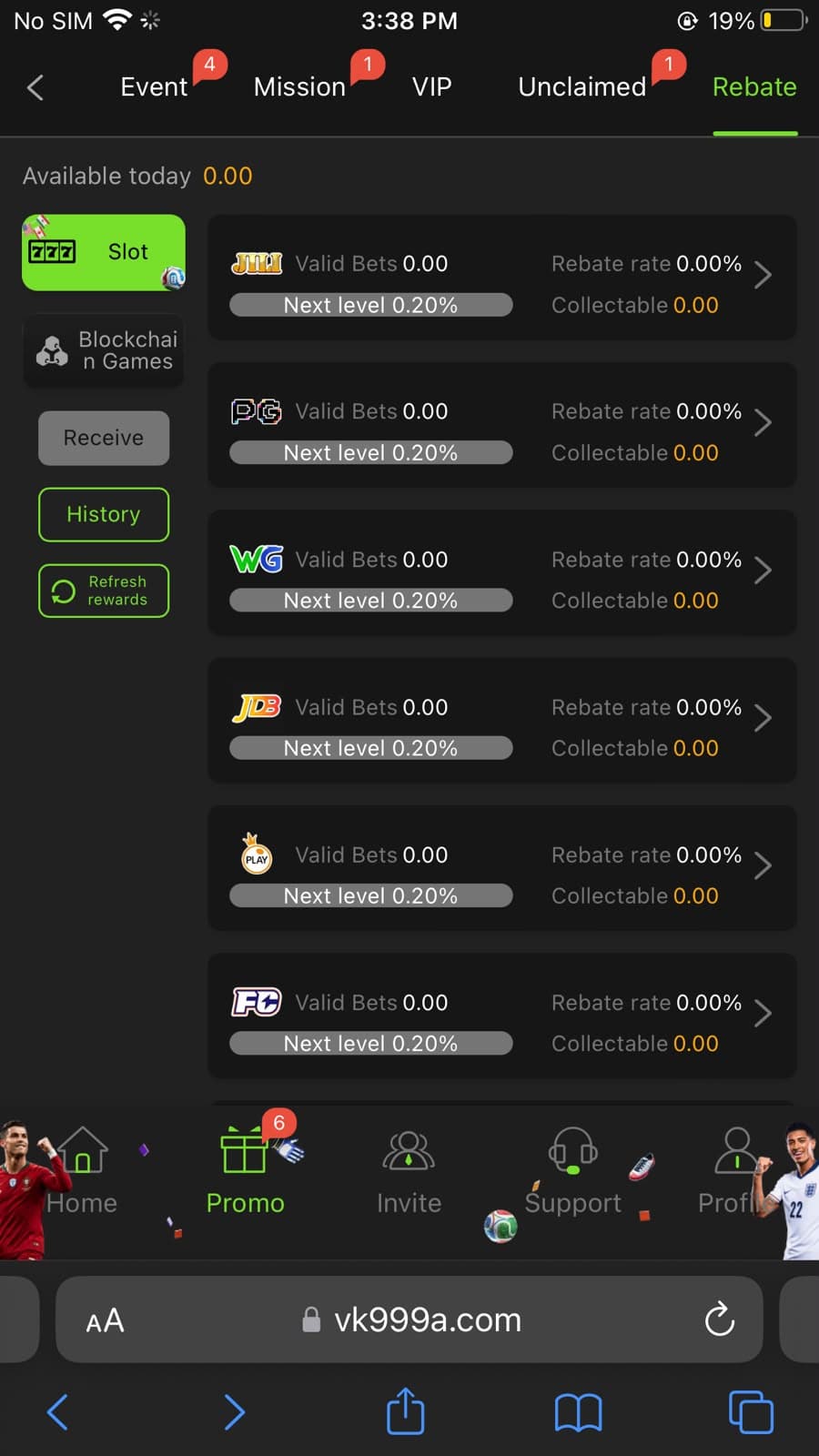 VK999 Rebate section showing Slot category selected with Available today 0.00, provider list showing JILI (Valid Bets 0.00, Rebate rate 0.00%, Next level 0.20%, Collectable 0.00), PG (same structure), WG (same structure), JDB (same structure), PLAY (same structure), FC (same structure), with Receive and History and Refresh rewards buttons on left side panel, Blockchain Games category also visible, Promo tab active in bottom navigation