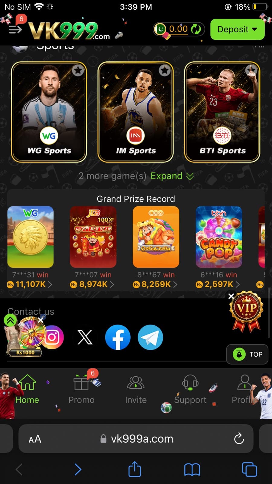 VK999 sports section showing three sports provider cards: WG Sports with Lionel Messi imagery, IM Sports with Stephen Curry imagery, and BTI Sports with Erling Haaland imagery and Bingo Togel logos, 2 more games Expand button, Grand Prize Record section showing recent large wins including 7xx31 win Rs 11107K from WG, 7xx07 win Rs 8974K from JDB, 8xx67 win Rs 8259K from OoGaChaka 999 slot, 6xx16 win Rs 2597K from Candy Pop BBH, Contact us links with Instagram X Facebook and Telegram icons, VIP badge floating, bottom navigation Home Promo Invite Support Profile