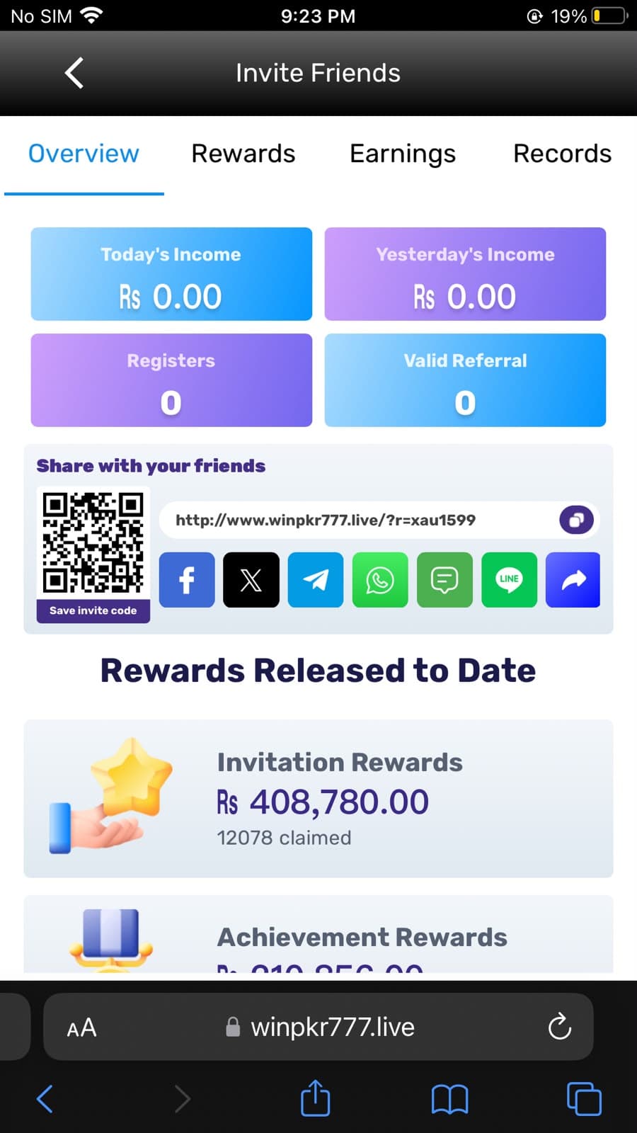 WinPKR777 Invite Friends page showing Overview tab with Today's Income Rs 0.00, Yesterday's Income Rs 0.00, Registers count 0, Valid Referral 0, Share with your friends section showing QR code and referral link http://www.winpkr777.live/?r=xau1599 with social sharing buttons for Facebook, X, Telegram, WhatsApp, Line and others, and Rewards Released to Date showing Invitation Rewards Rs 408,780.00 with 12,078 claimed