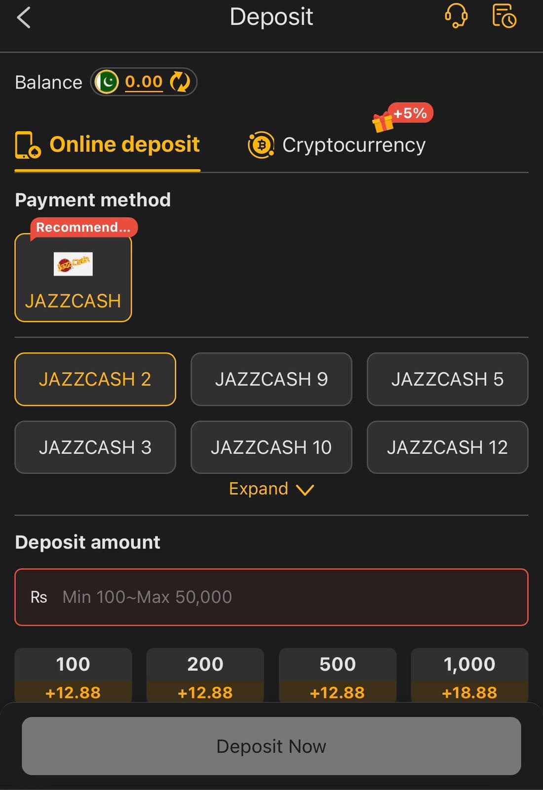 188pkr Game Deposit screen showing a JazzCash recommended online deposit option with six sub-accounts, a Cryptocurrency tab with a 5 percent bonus badge, and preset deposit amounts from Rs100 to Rs1000 with attached bonus amounts