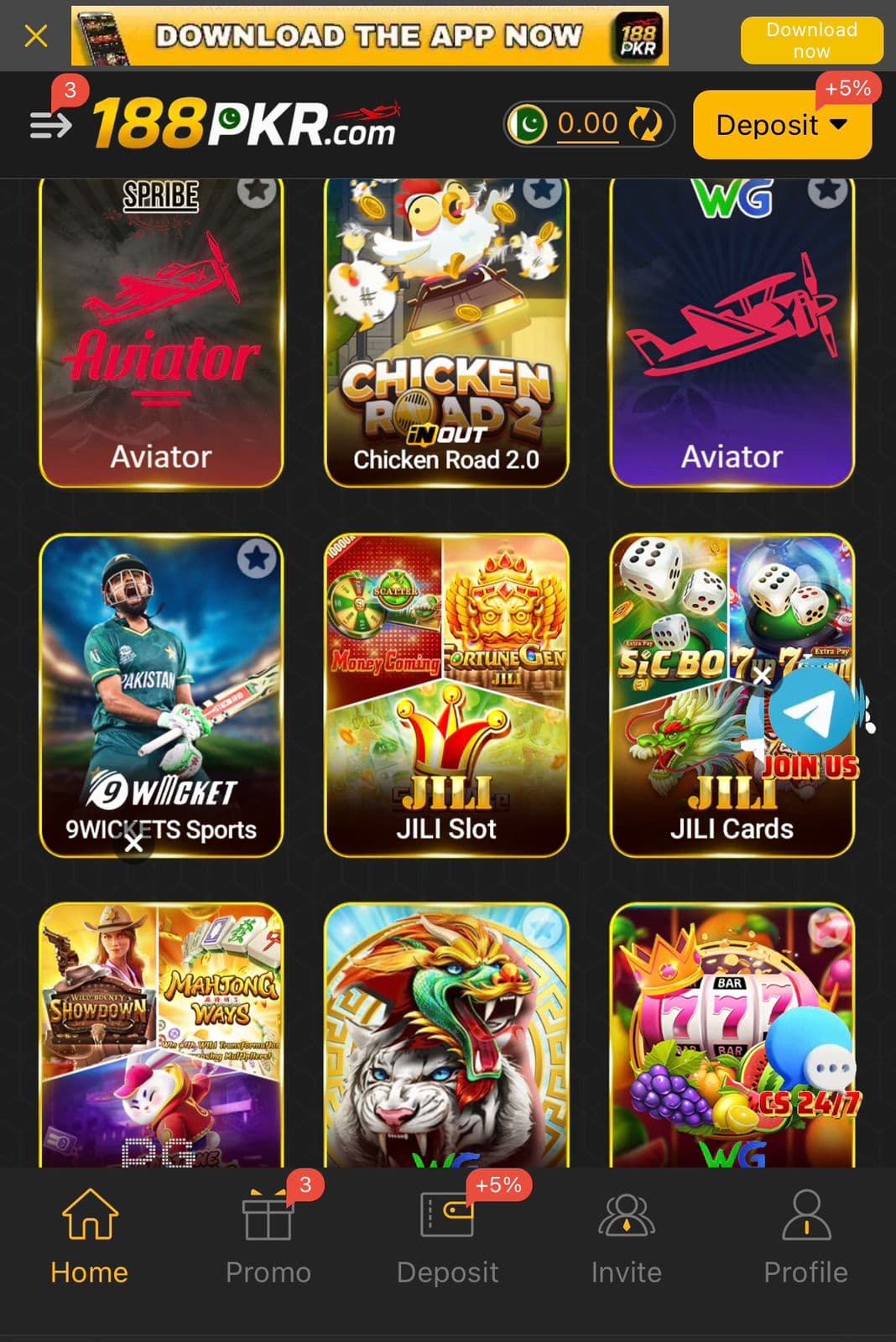 188pkr Game home screen showing a Download the app now banner, the 188PKR.com logo, SPRIBE Aviator, Chicken Road 2.0, WG Aviator, 9Wickets Sports, JILI Slot, JILI Cards, PG and WG slot tiles