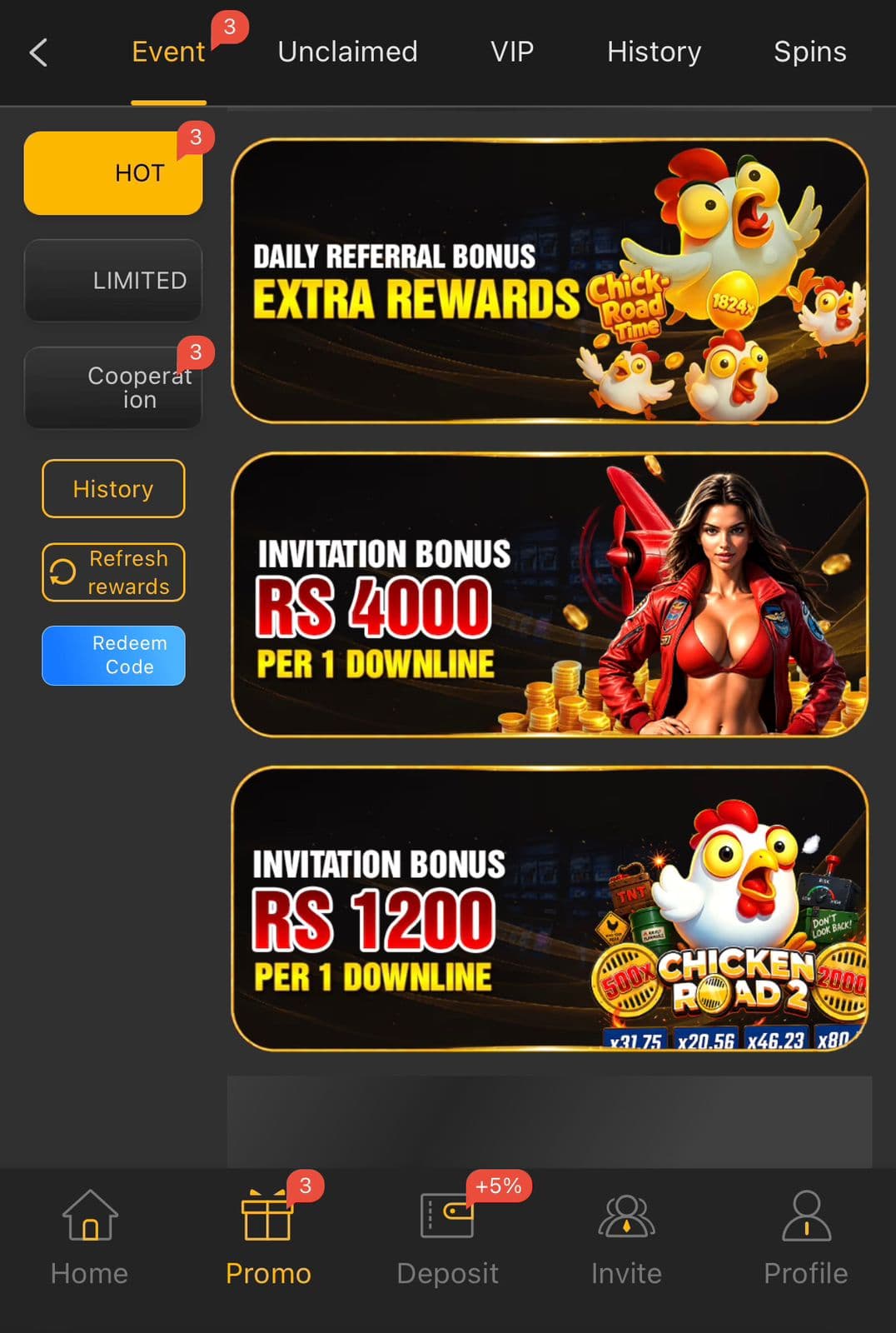 188pkr Game Promo Event screen showing a Daily Referral Bonus Extra Rewards card, an Invitation Bonus Rs4000 per downline card, and an Invitation Bonus Rs1200 per downline card tied to Chicken Road 2, with History, Refresh rewards and Redeem Code buttons