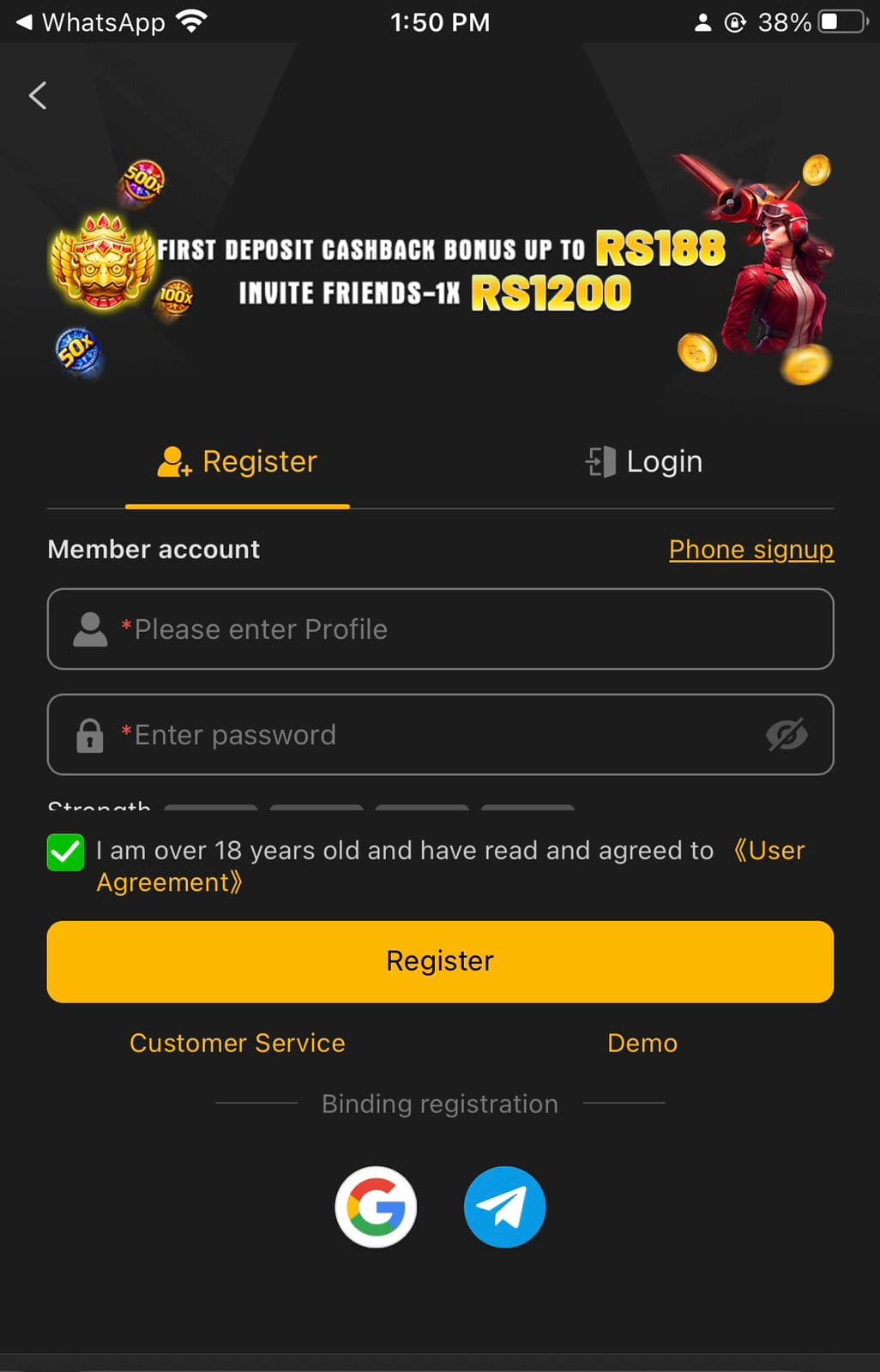 188pkr Game registration screen with a First Deposit Cashback Bonus up to Rs188 banner, an Invite Friends 1x Rs1200 banner, Please enter Profile field, password field with strength meter, 18 plus user agreement checkbox, and a gold Register button