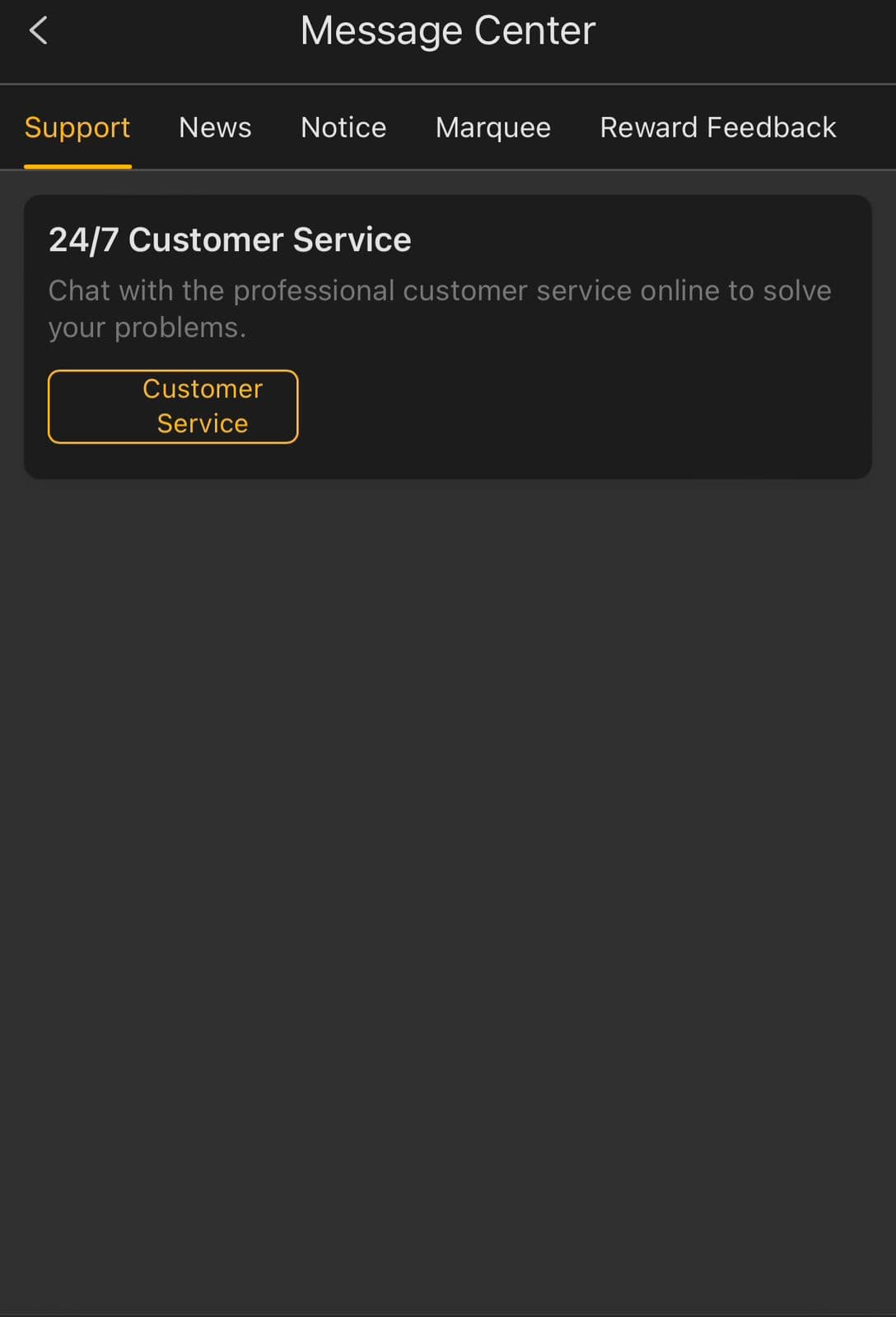 188pkr Game Message Center support screen showing Support, News, Notice, Marquee and Reward Feedback tabs with a 24/7 Customer Service card offering a Customer Service button