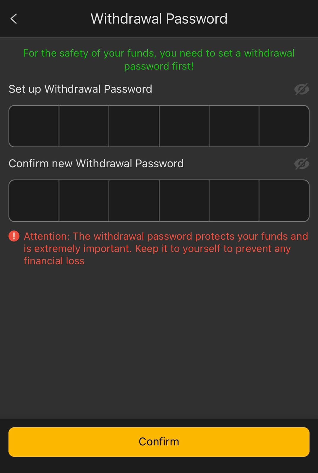 188pkr Game Withdrawal Password screen requiring a 6 digit set up withdrawal password and a confirm new withdrawal password field, with an attention warning that the password protects funds and must be kept secret