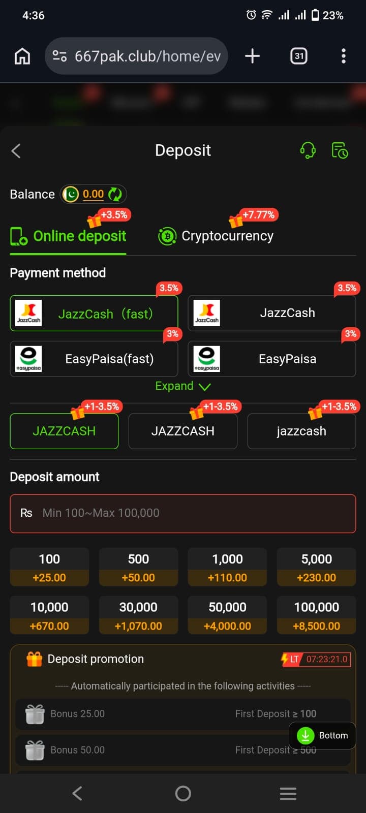 667pak game Deposit screen showing JazzCash and EasyPaisa payment methods with bonus percentages, deposit amount presets from Rs100 to Rs100,000, and a deposit promotion panel