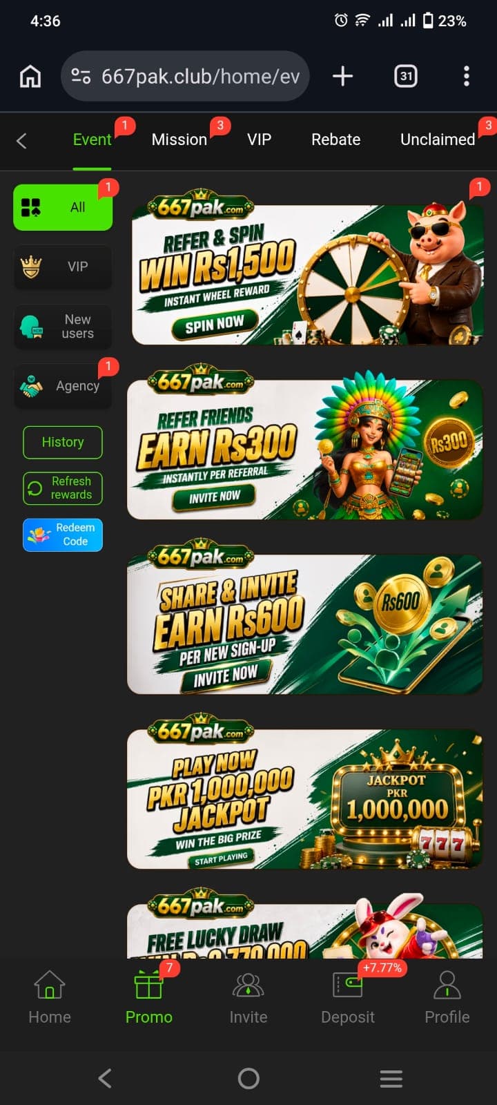 667pak game Promo tab showing Refer and Spin, Refer Friends, Share and Invite reward banners and a PKR 1,000,000 jackpot promotion