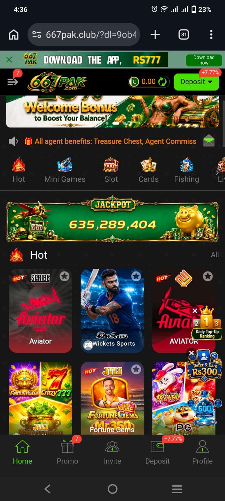 667pak game home screen showing the Hot games grid with Aviator, Wickets Sports, Fortune Gems, Crazy 777 and Fortune Rabbit, plus a Rs777 download bonus banner and bottom navigation with Home, Promo, Invite, Deposit and Profile tabs