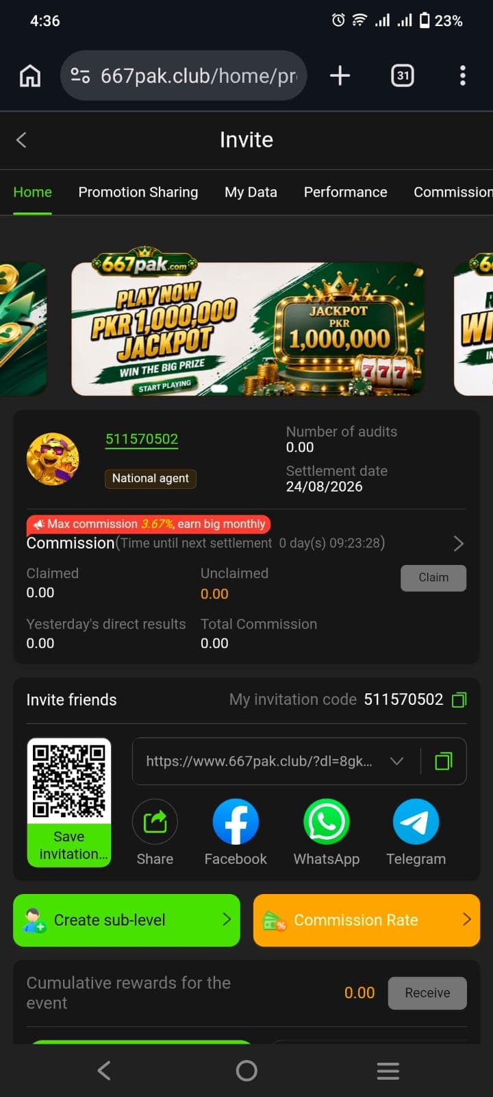 667pak game Invite screen showing the agent commission rate, personal invitation code, QR code, and sharing options for Facebook, WhatsApp and Telegram