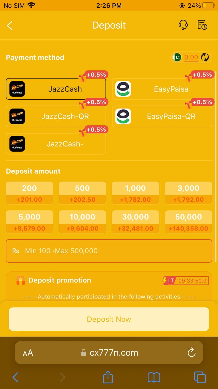 CX777 Game deposit screen showing JazzCash and EasyPaisa payment options