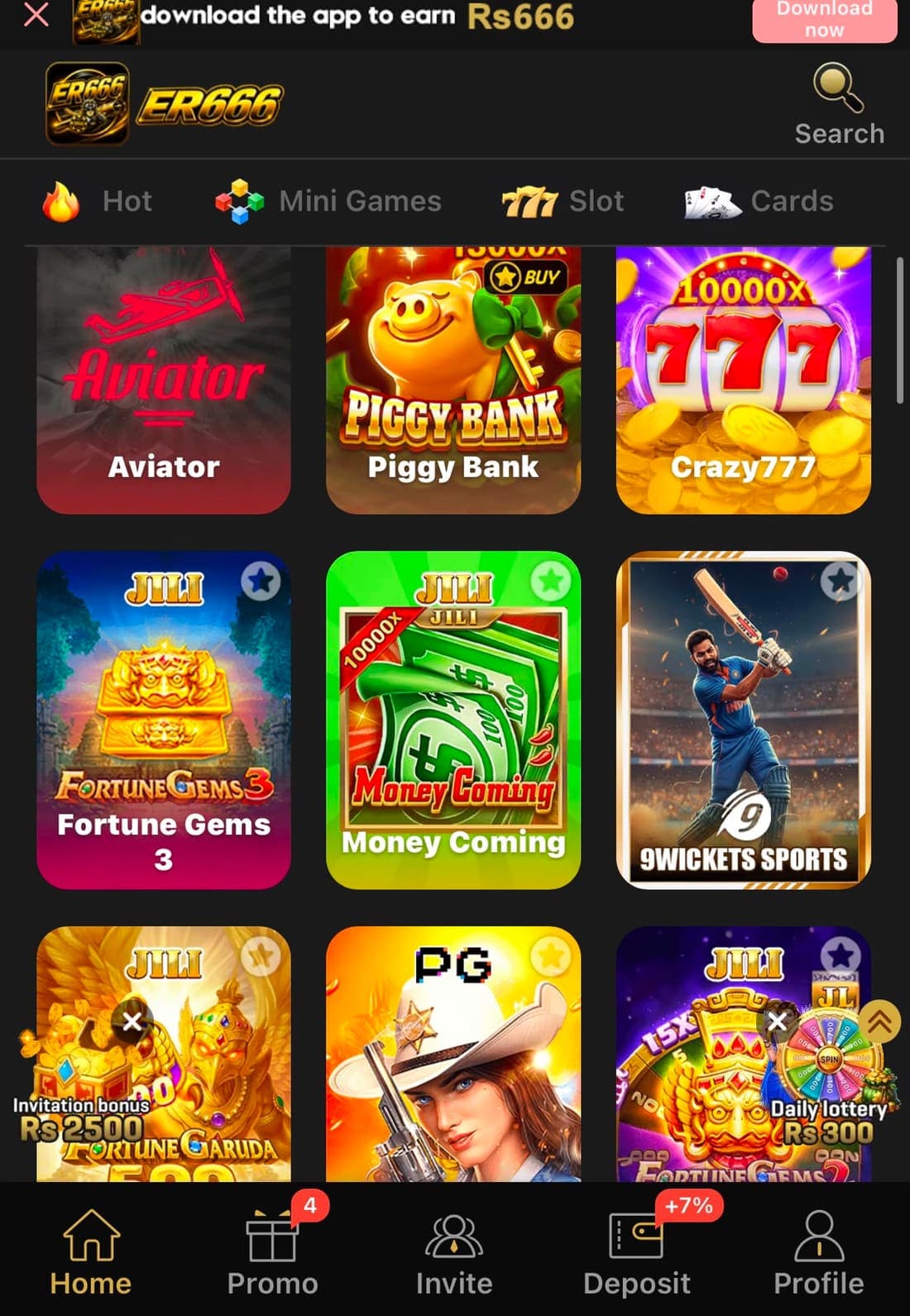 ER666 Game home dashboard showing featured mini-games and a promotional banner