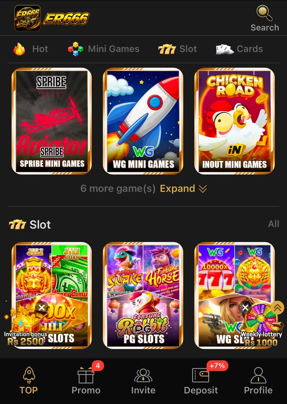ER666 Game mini-games and slots screen showing multiple game categories including Aviator-style, WG and slot titles inside the app's game hub