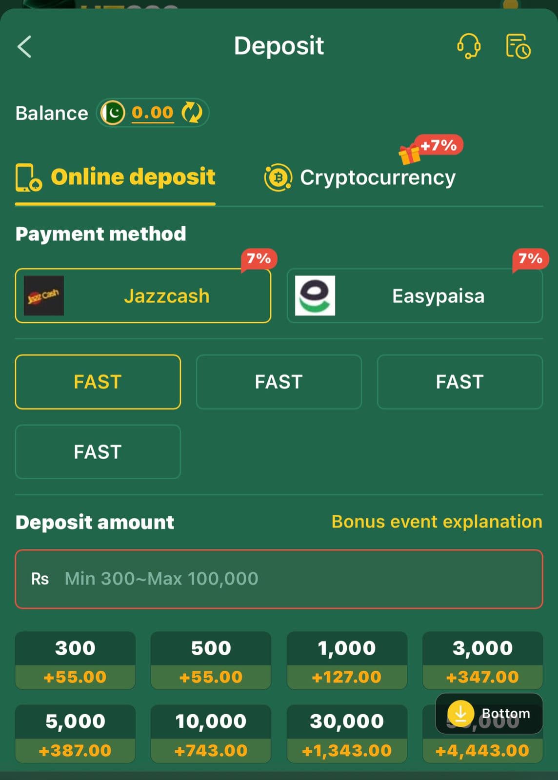 HZ333 Game Deposit screen showing JazzCash and Easypaisa payment options each with a 7 percent bonus badge and a FAST processing tag, a Cryptocurrency tab with a 7 percent bonus badge, and preset deposit amounts from Rs300 to Rs50000 with attached bonus amounts