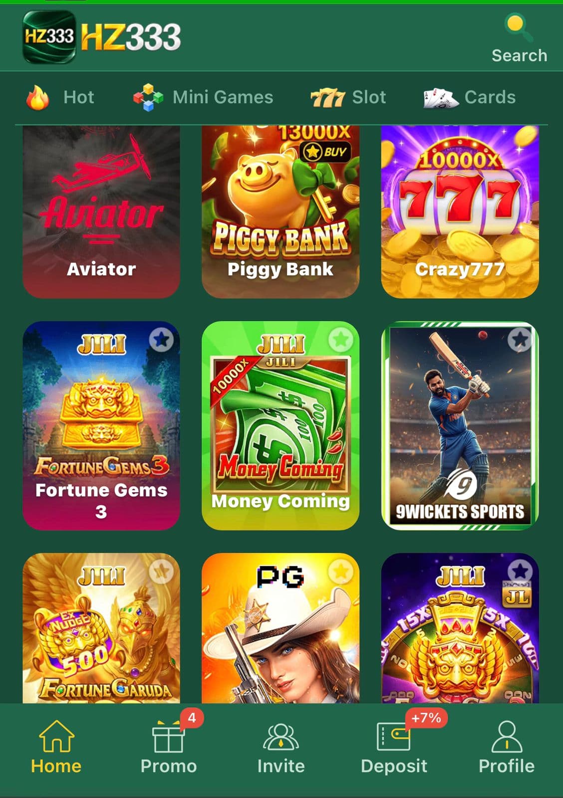 HZ333 Game games grid showing Aviator, Piggy Bank 13000x, Crazy777 10000x, Fortune Gems 3, Money Coming, 9Wickets Sports, Fortune Garuda, a PG cowgirl slot and a JILI wheel tile