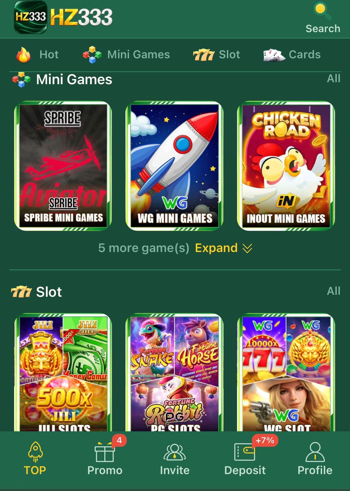 HZ333 Game home screen showing Hot, Mini Games, Slot and Cards tabs with SPRIBE Aviator, WG mini-games, Chicken Road InOut, and JILI, PG, WG slot tiles