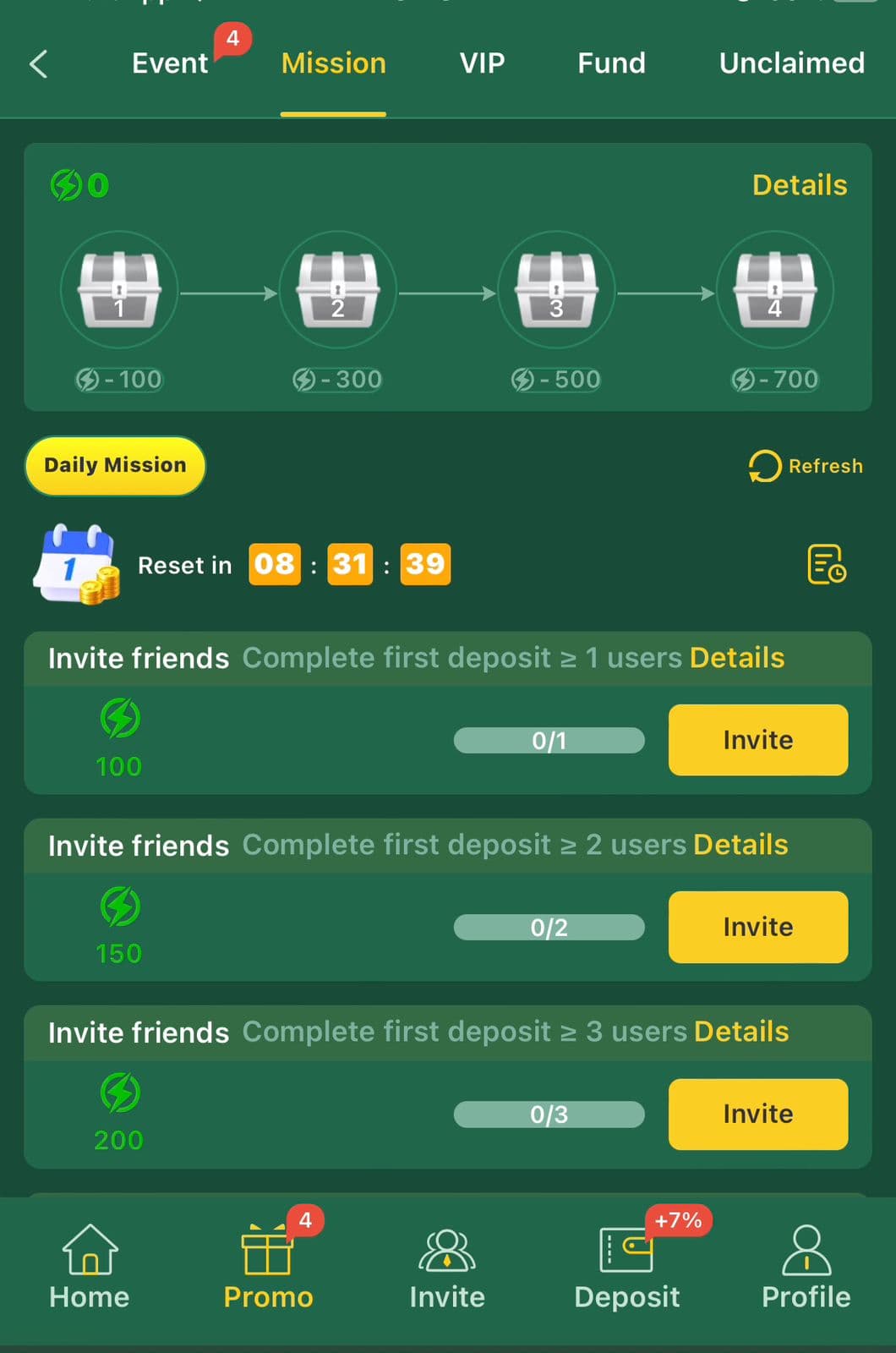 HZ333 Game Mission screen showing a four chest energy point chain costing 100, 300, 500 and 700 points, a Daily Mission reset countdown timer, and Invite friends tasks rewarding 100, 150 and 200 points for reaching 1, 2 and 3 users with a first deposit