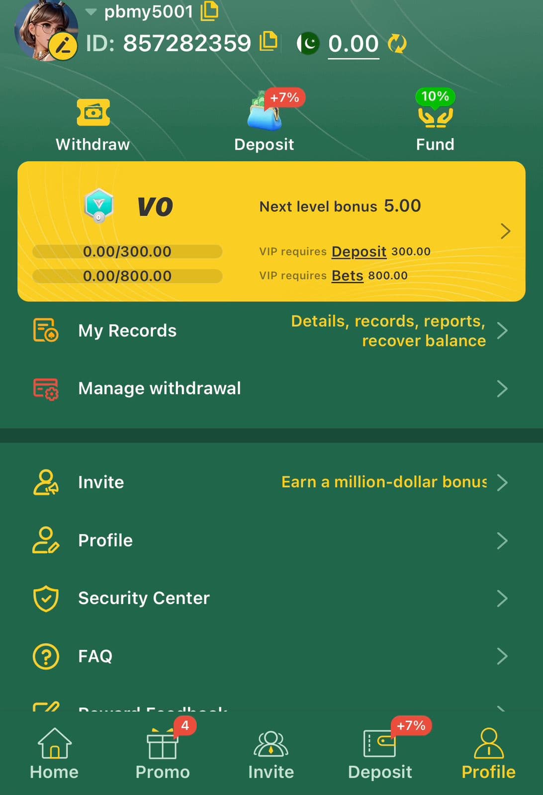 HZ333 Game profile screen showing account ID, Withdraw, Deposit and Fund shortcuts, a VIP0 card with a next level bonus of 5.00 and progress bars toward 300 deposit and 800 bets, plus My Records, Manage withdrawal, Invite, Security Center and FAQ menu rows